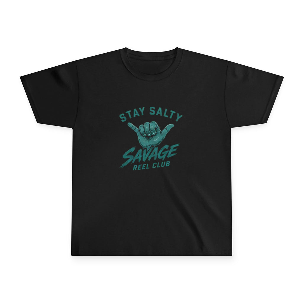 Kids' youth fishing t-shirt by Printify featuring "Stay Salty" Savage Reel Club design in vibrant colors.