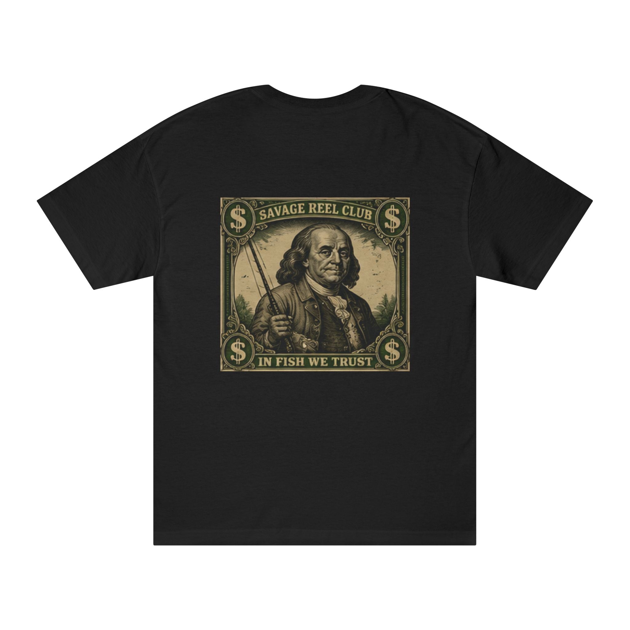 Fishing T-shirt with "Savage Reel Club: In Fish We Trust" slogan featuring Benjamin Franklin graphic, casual wear for anglers.