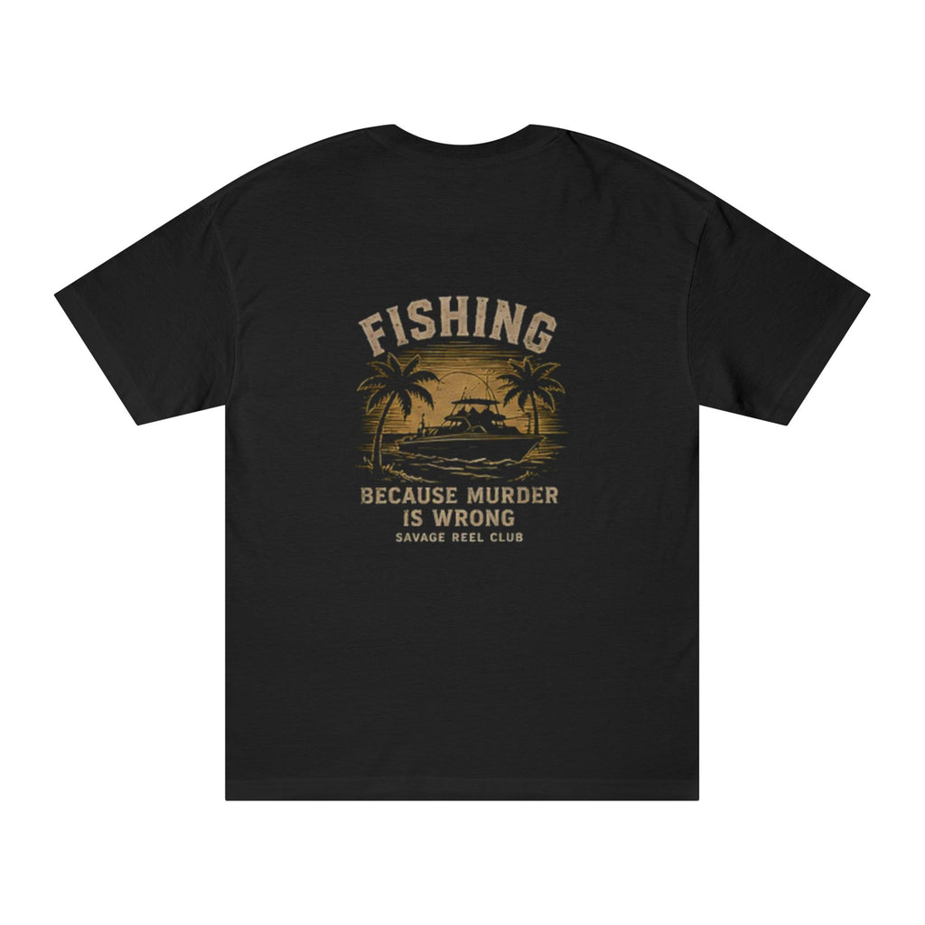 Gray fishing T-shirt from Printify featuring the humorous "Fishing Because Murder Is Wrong" slogan, casual and comfortable fit.