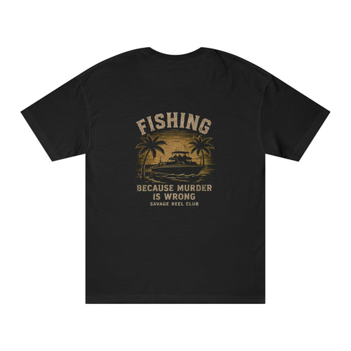 Gray fishing T-shirt from Printify featuring the humorous "Fishing Because Murder Is Wrong" slogan, casual and comfortable fit.
