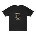 Black Savage Reel Club fishing T-shirt with anchor hook graphic, casual crew neck tee by Printify.