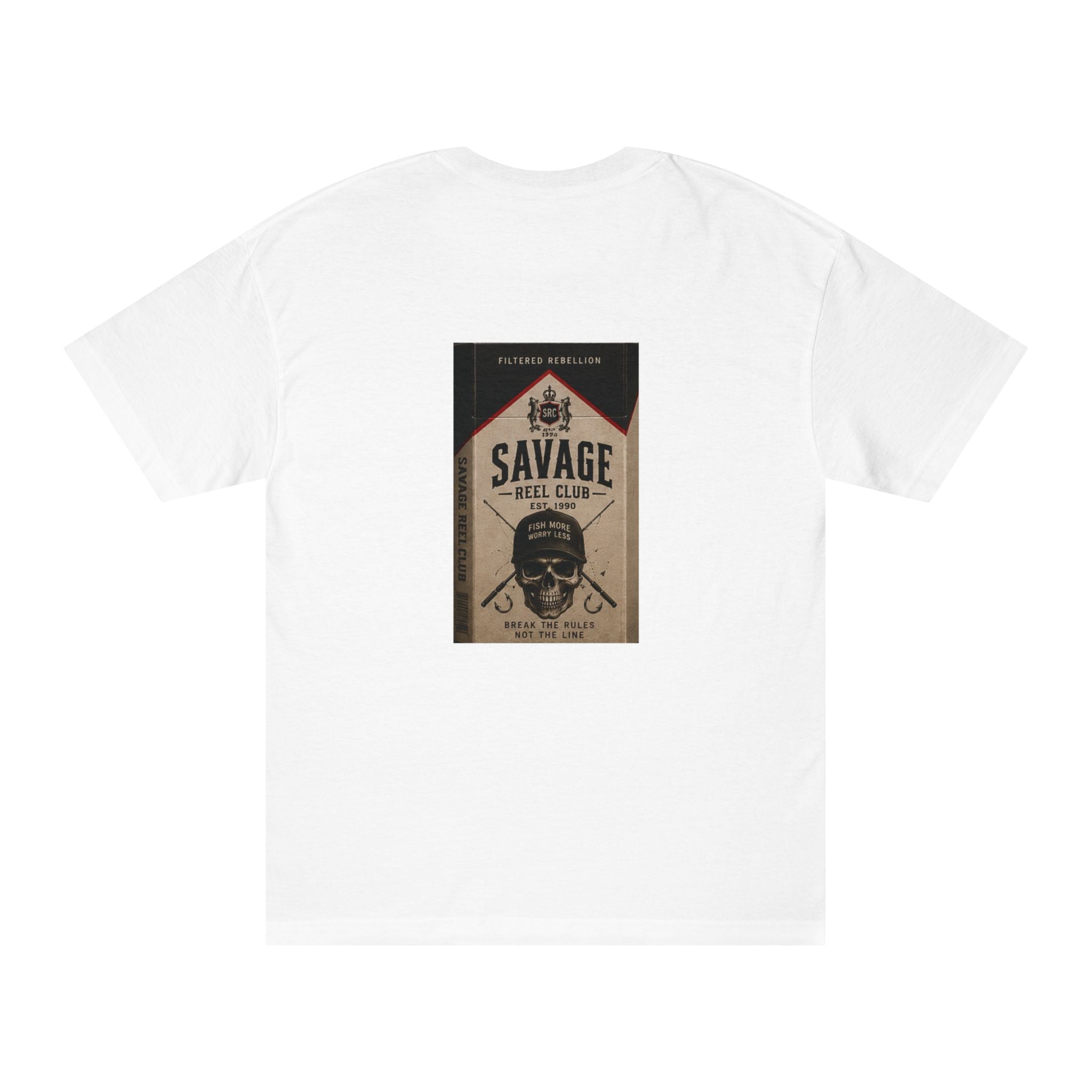 Vintage Savage Reel Club fishing T-shirt by Printify featuring a skull and fishing design on a casual cotton tee.