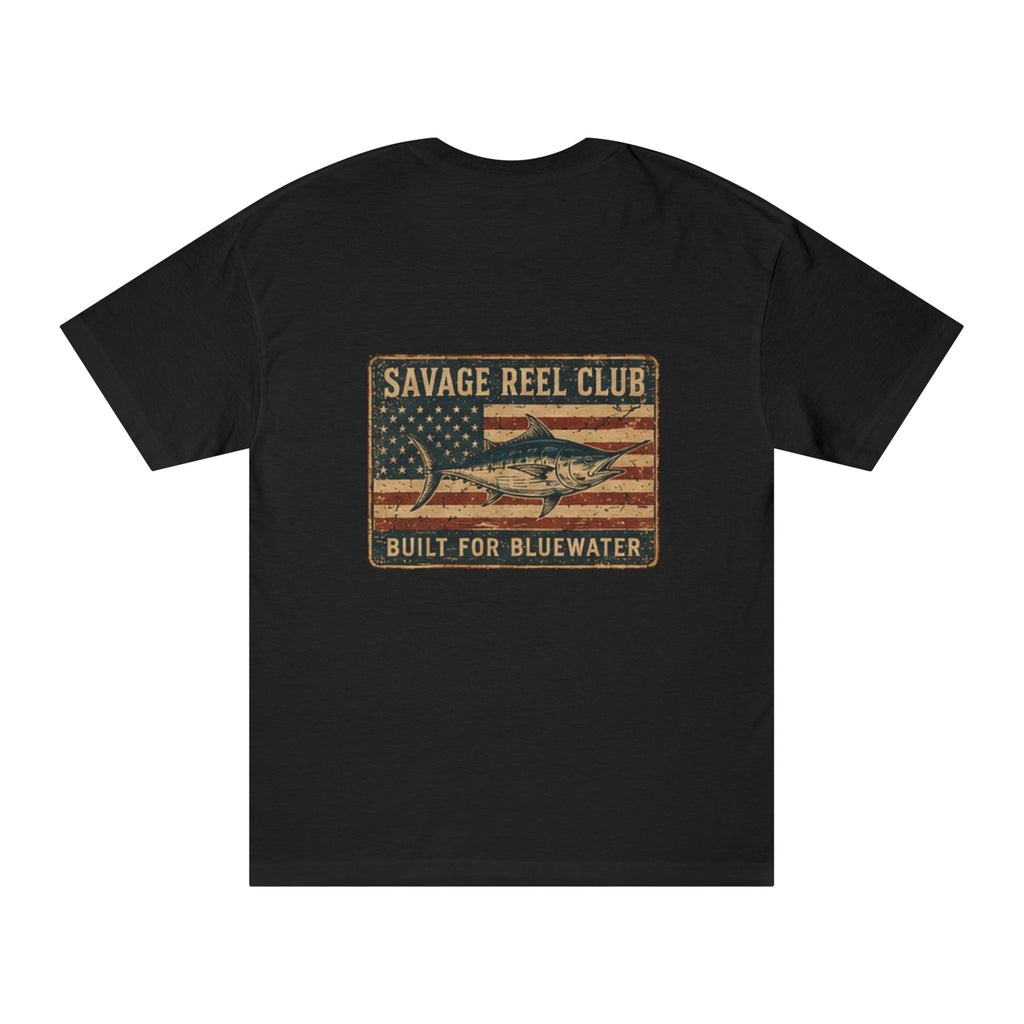 Savage Reel Club bluewater patriotic T-shirt by Printify featuring a bold fishing reel graphic on a casual cotton tee
