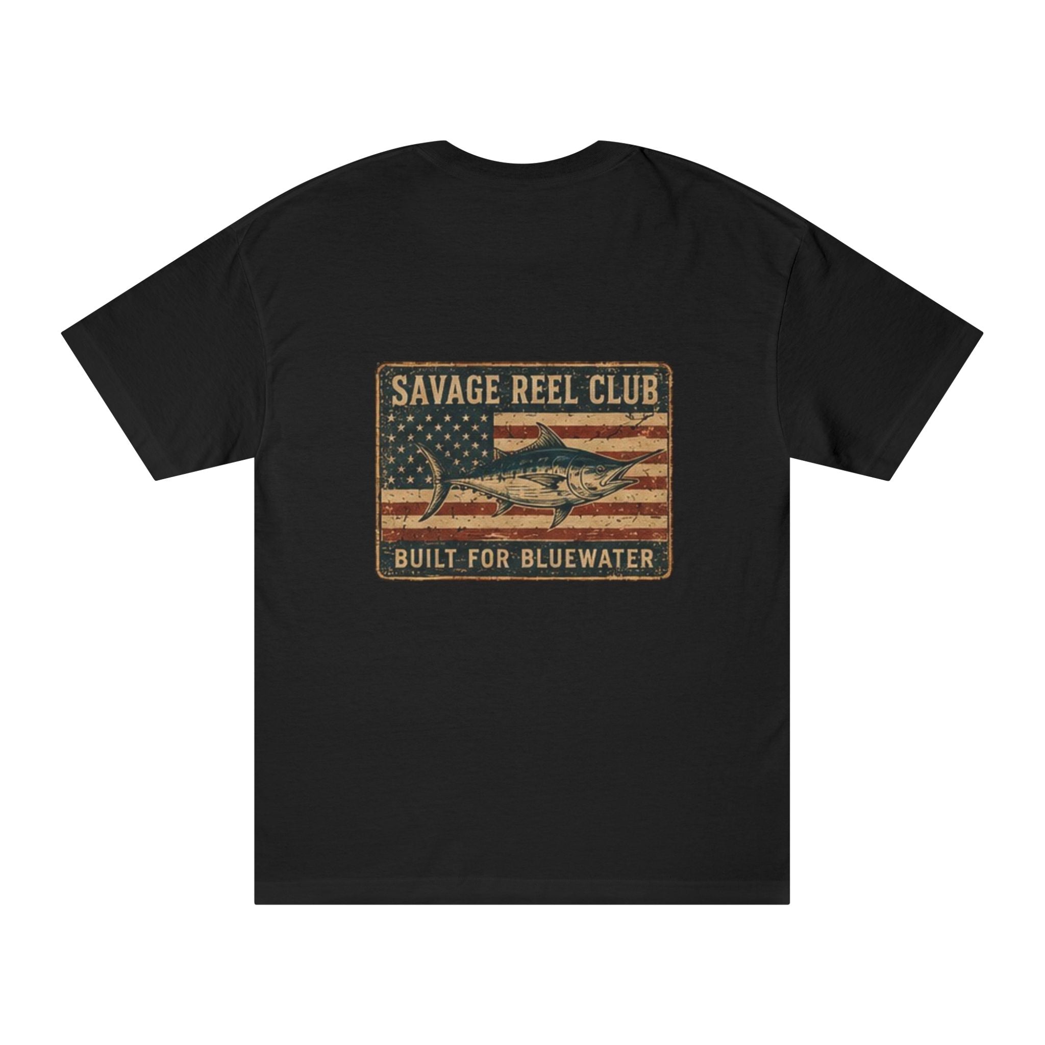 Savage Reel Club bluewater patriotic T-shirt by Printify featuring a bold fishing reel graphic on a casual cotton tee