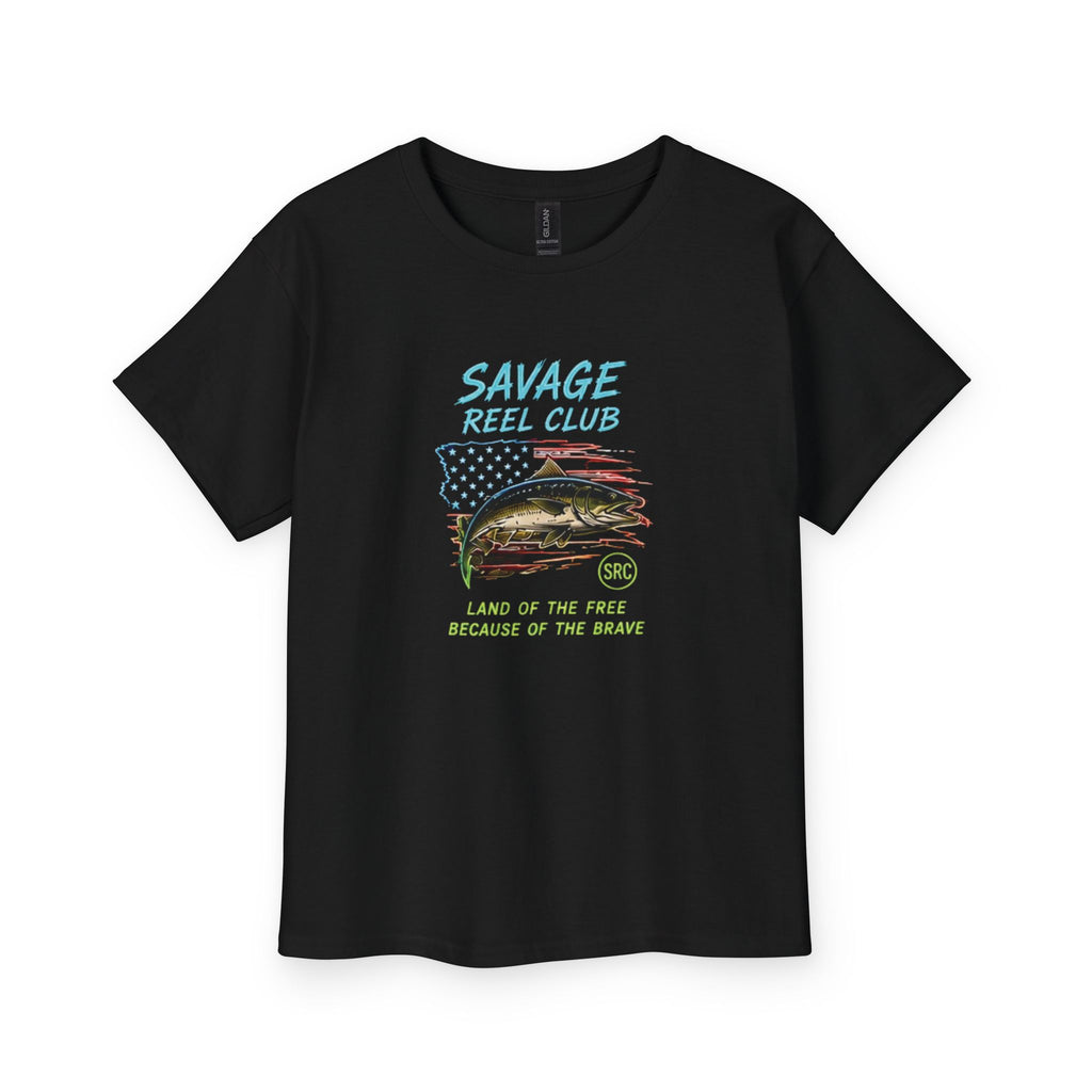 Kids' Savage Reel Club youth fishing shirt with 'Land of the Free Because of the Brave' graphic, made by Printify.