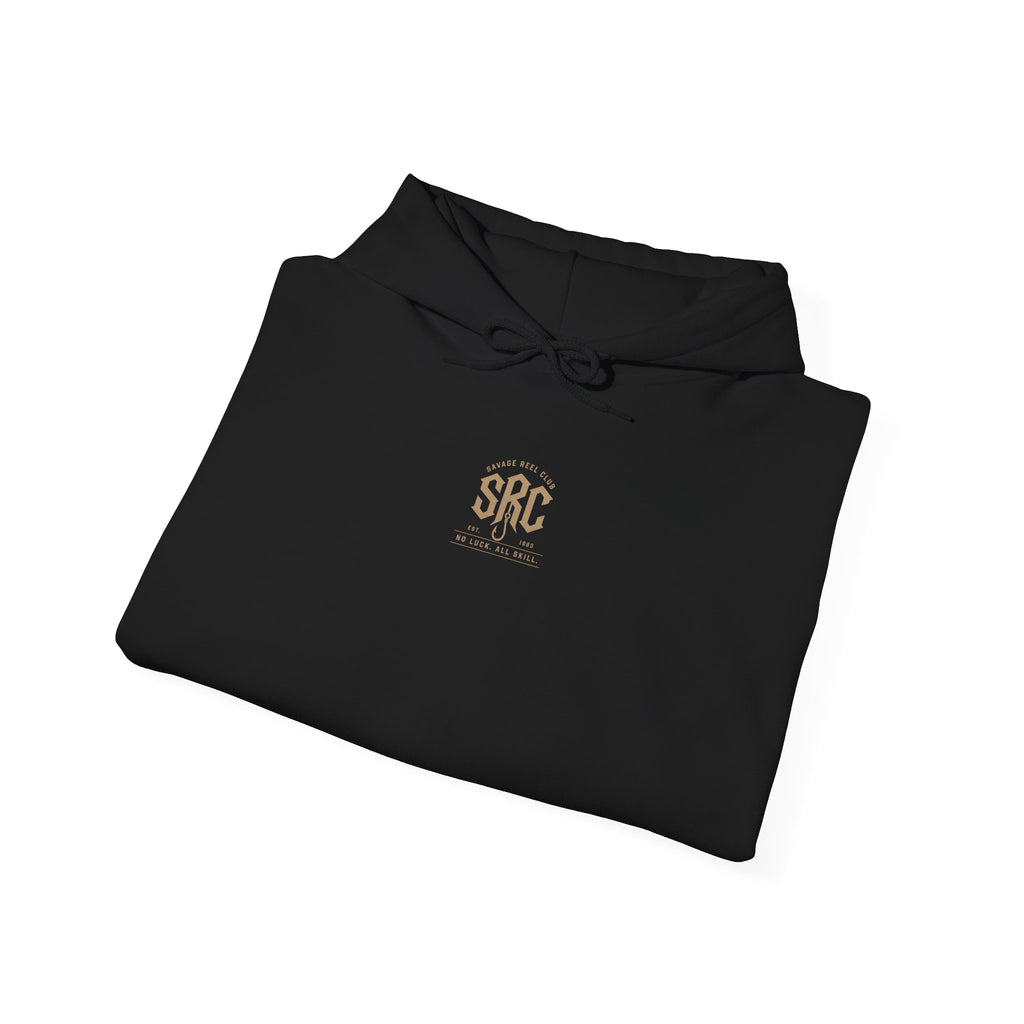 Printify Savage Reel Club hoodie featuring a fishing skull logo on a gray pullover sweatshirt.