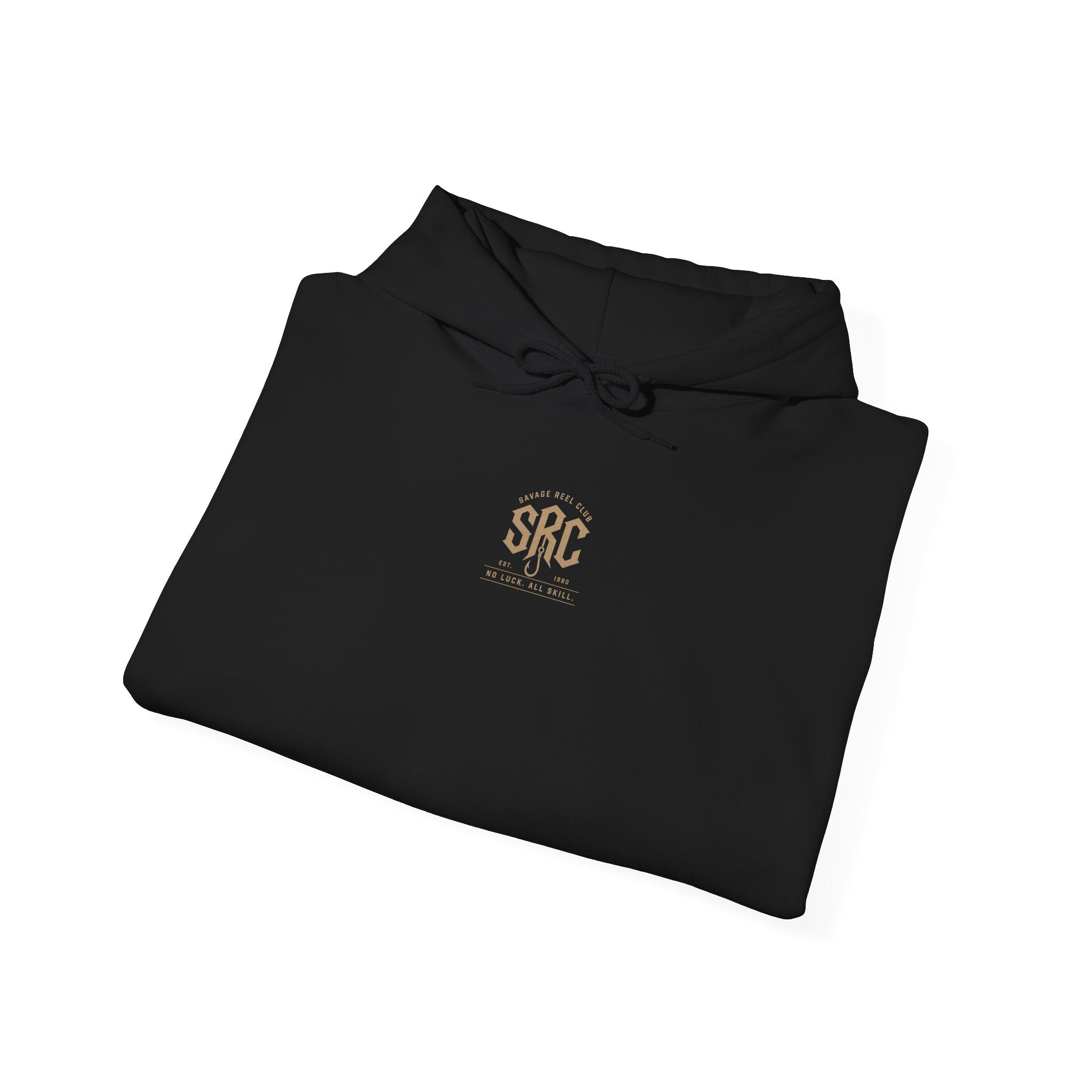 Printify Savage Reel Club hoodie featuring a fishing skull logo on a gray pullover sweatshirt.
