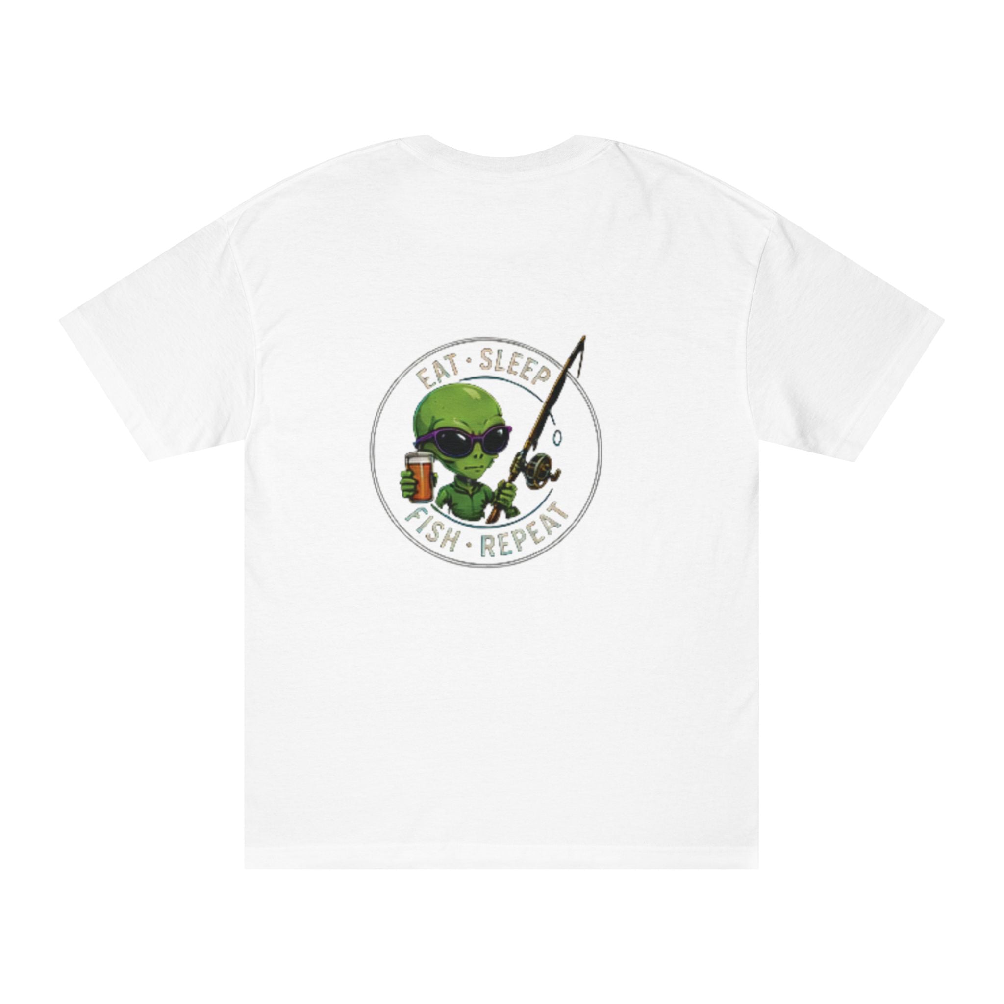 Fishing Alien Tee graphic T-shirt featuring an alien with "Eat Sleep Fish Repeat" slogan, in casual style by Printify.