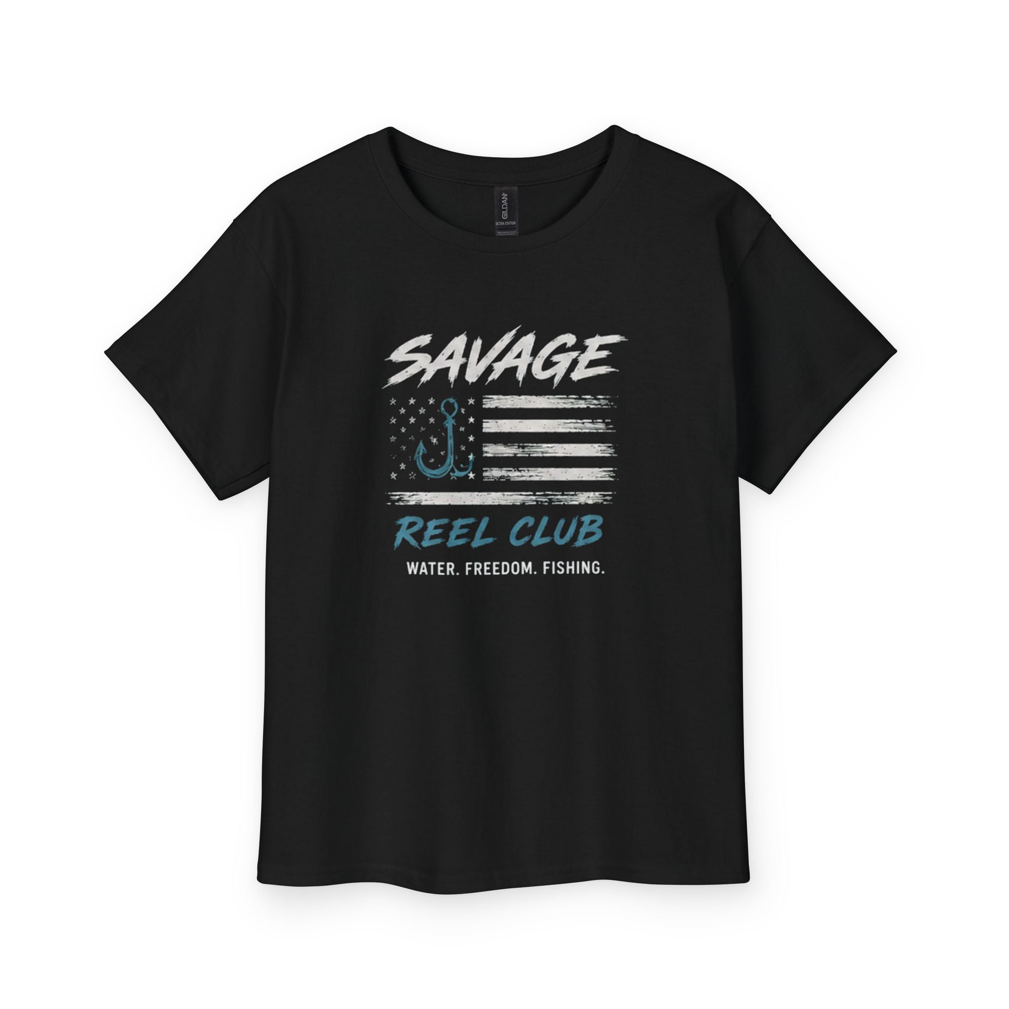 Kids' Savage Reel Club Fishing Flag Tee Shirt by Printify, featuring a colorful fishing-themed graphic on a youth t-shirt.