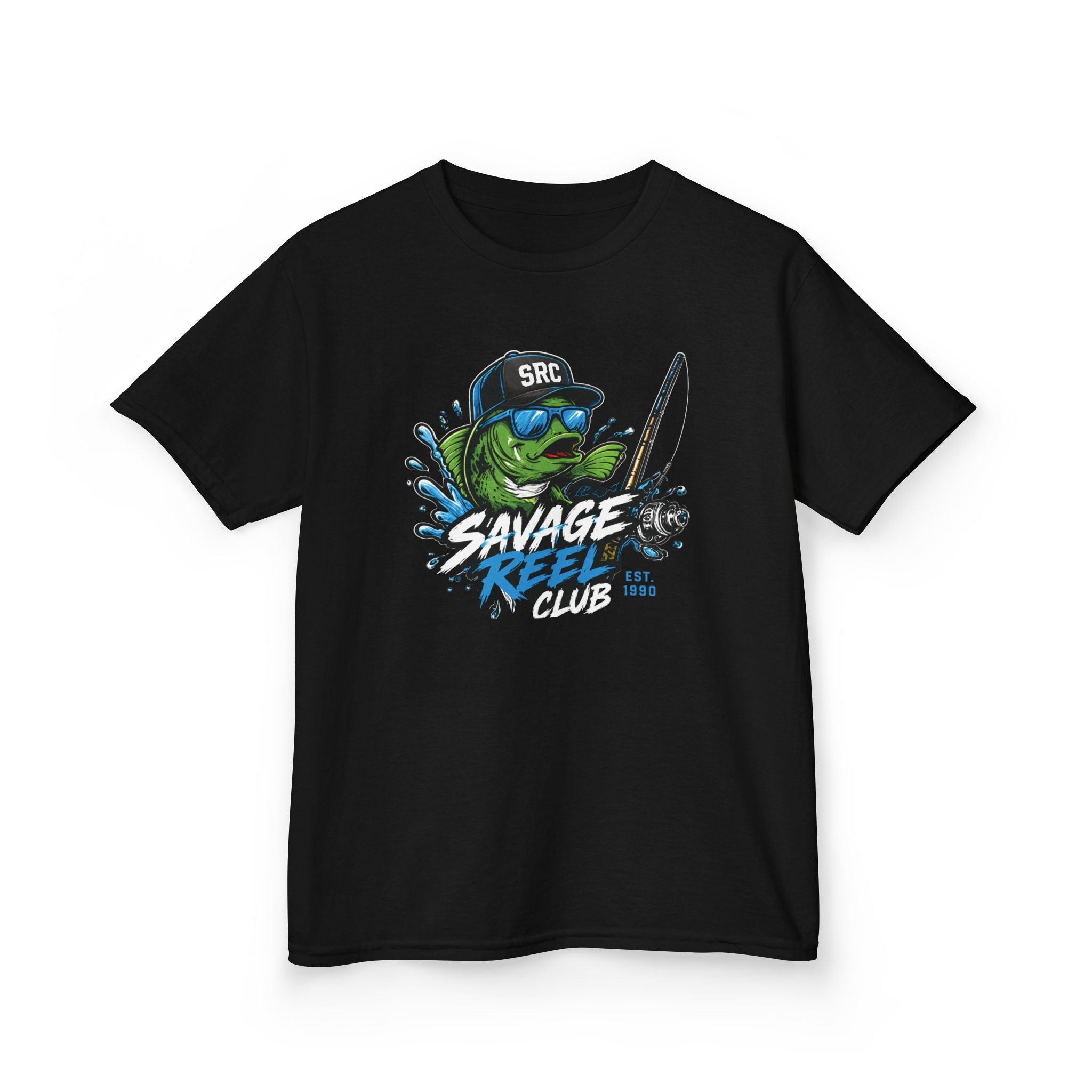 Kids T-shirt with "Savage Reel Club" fishing graphic, colorful kids clothing by Printify featuring fun outdoor design.