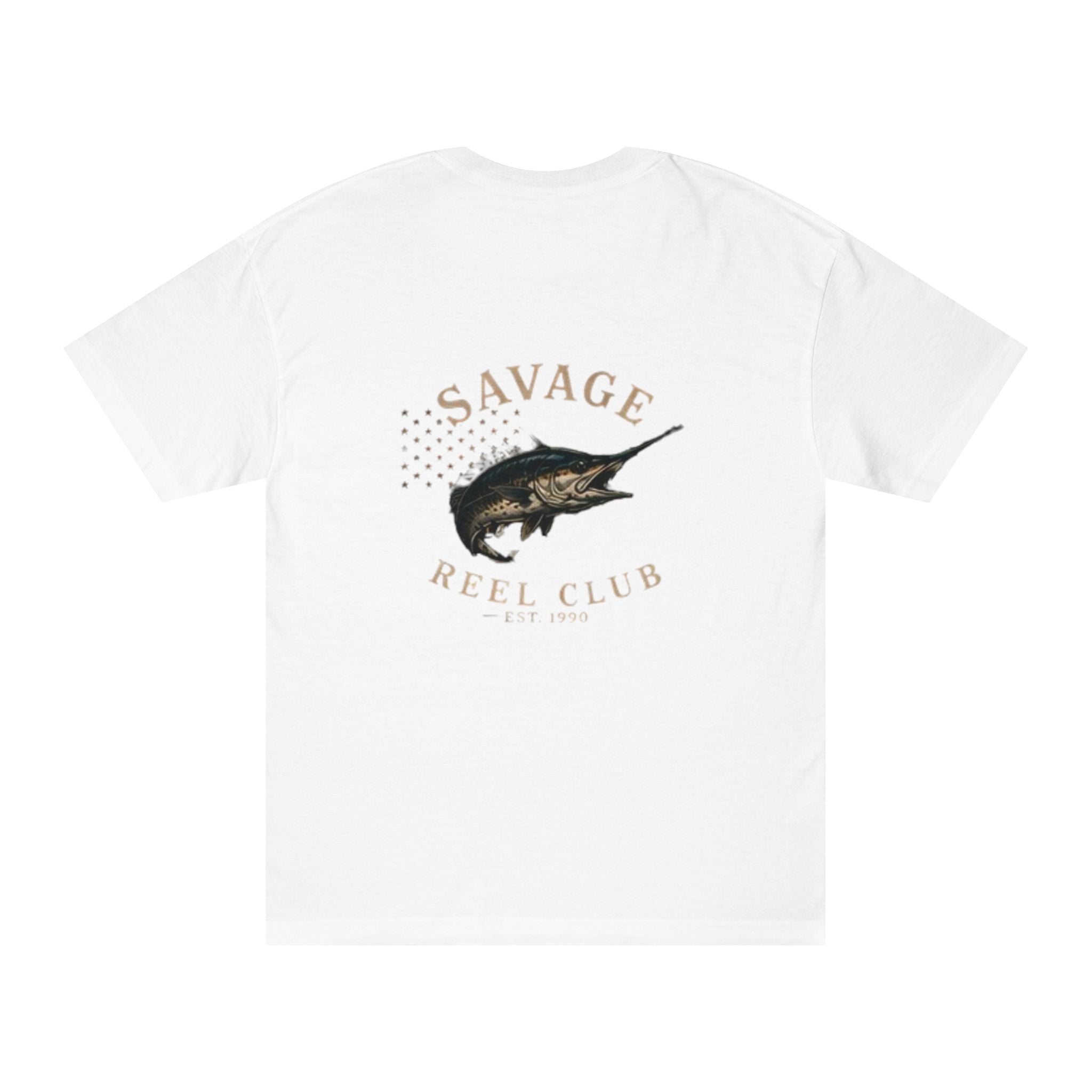 Printify Savage Reel Club T-Shirt featuring Marlin fishing design, casual crew neck style with vibrant marine artwork.