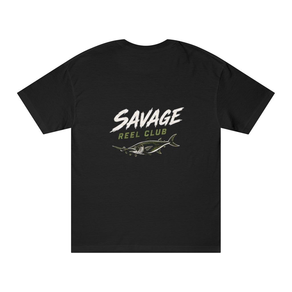 Graphic tuna fish print on Savage Reel Club fishing T-shirt by Printify, featuring a vibrant aquatic design.