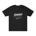 Graphic tuna fish print on Savage Reel Club fishing T-shirt by Printify, featuring a vibrant aquatic design.