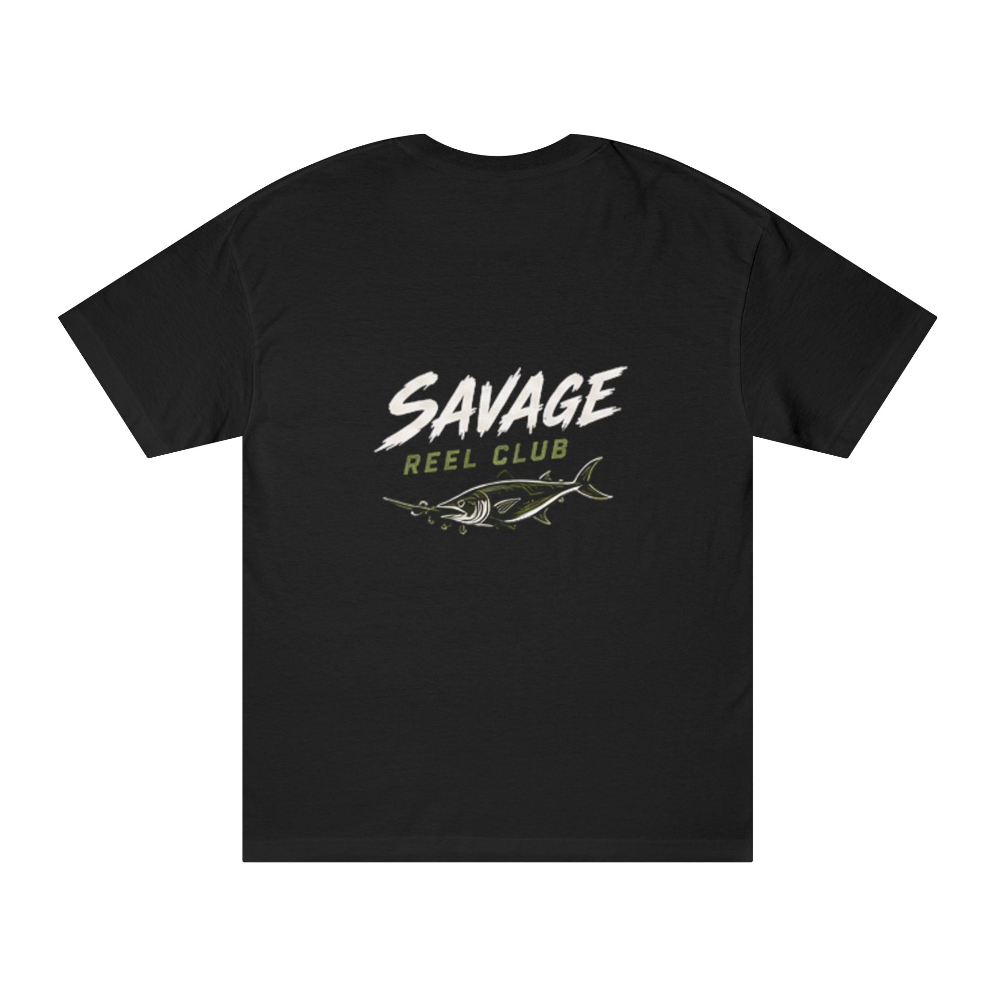 Graphic tuna fish print on Savage Reel Club fishing T-shirt by Printify, featuring a vibrant aquatic design.