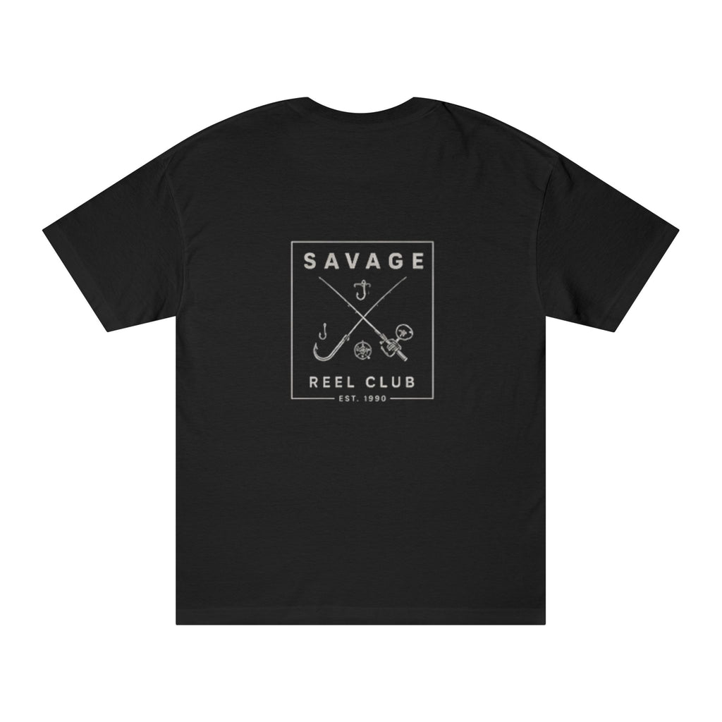 Black Savage Reel Club fishing T-shirt by Printify featuring back print and graphic design with fishing reel motif.
