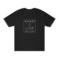 Black Savage Reel Club fishing T-shirt by Printify featuring back print and graphic design with fishing reel motif.