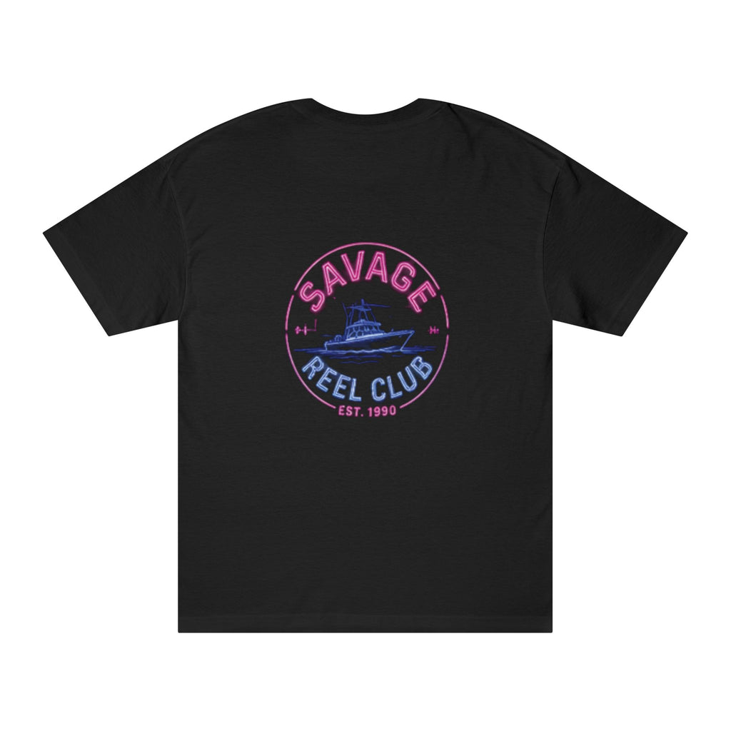 Vintage boat graphic T-shirt from Savage Reel Club featuring a classic fishing scene, casual crew neck design, printed by Printify.
