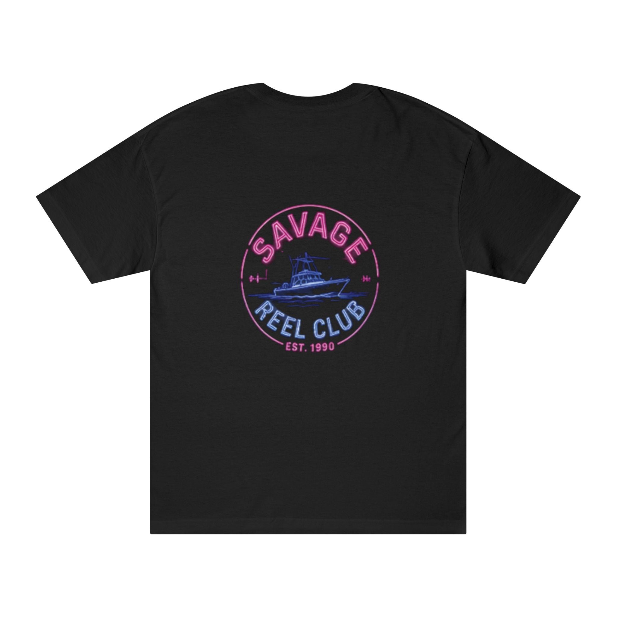 Vintage boat graphic T-shirt from Savage Reel Club featuring a classic fishing scene, casual crew neck design, printed by Printify.