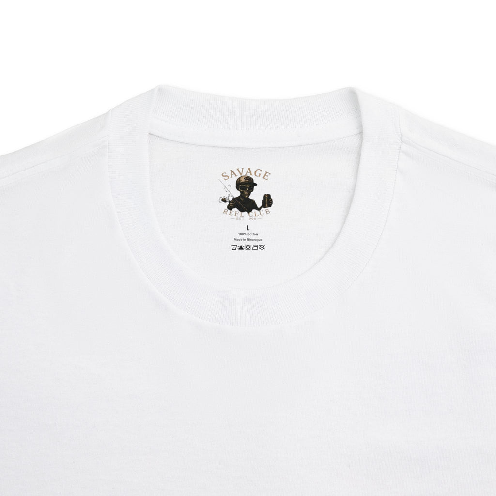 Men's fishing T-shirt featuring "Savage Reel Club: In Fish We Trust" design with Benjamin Franklin graphic, made by Printify.
