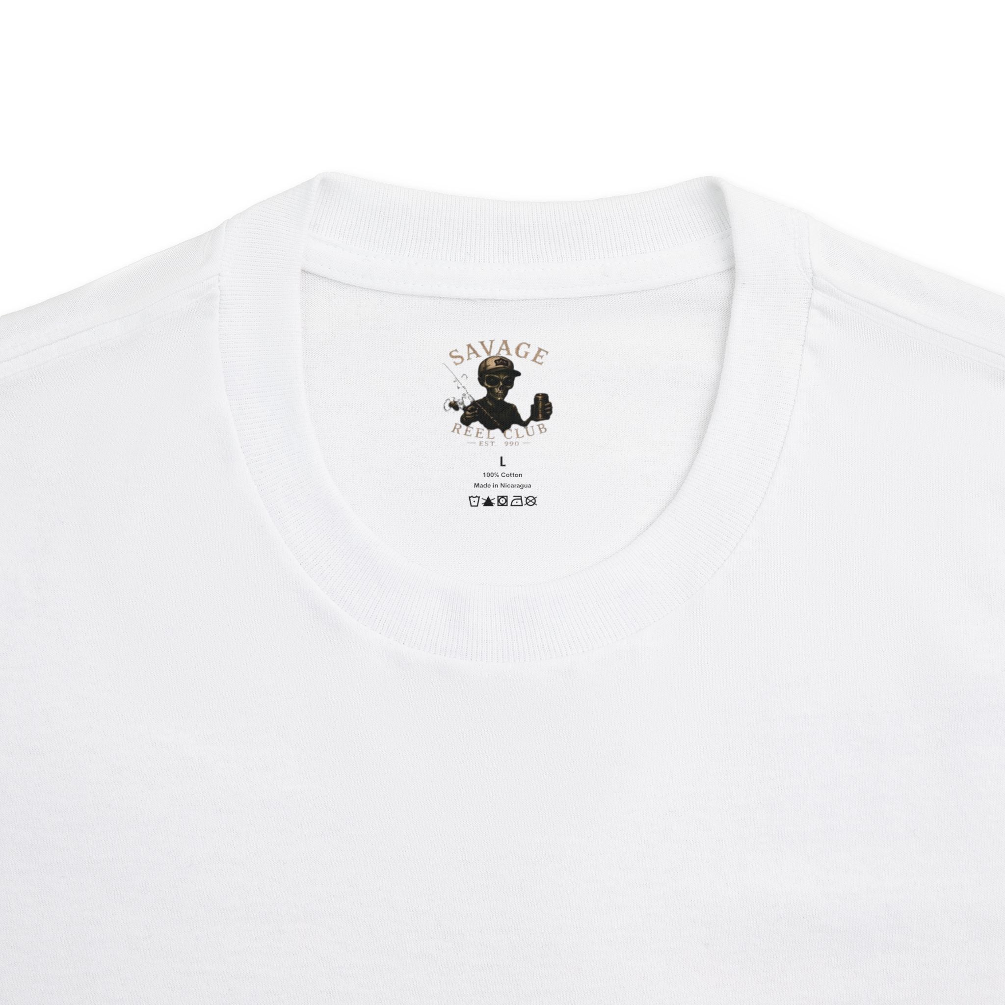 Men's fishing T-shirt featuring "Savage Reel Club: In Fish We Trust" design with Benjamin Franklin graphic, made by Printify.