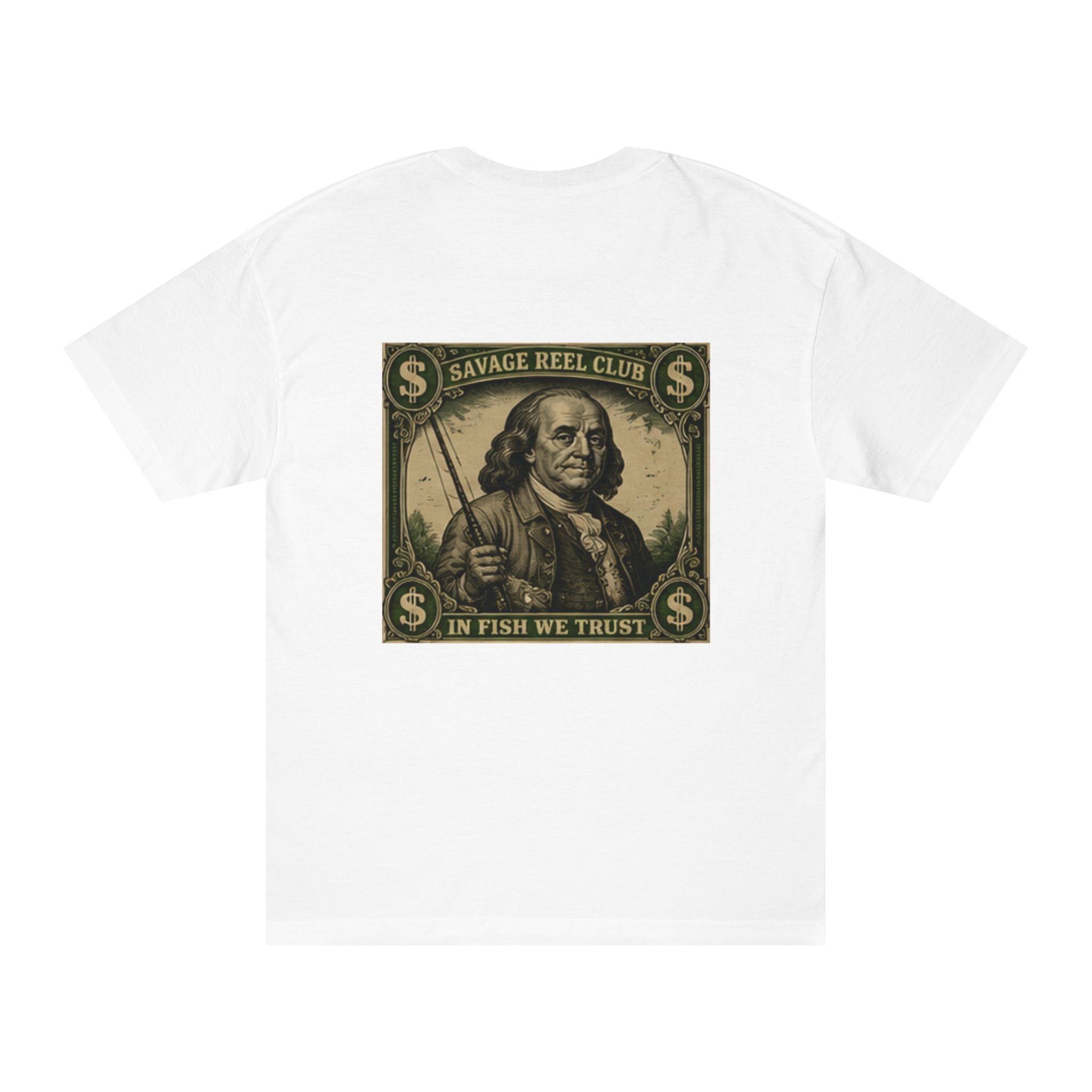 Gray fishing T-shirt by Printify featuring "Savage Reel Club: In Fish We Trust" design with Benjamin Franklin graphic.