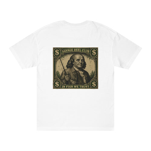 Gray fishing T-shirt by Printify featuring "Savage Reel Club: In Fish We Trust" design with Benjamin Franklin graphic.