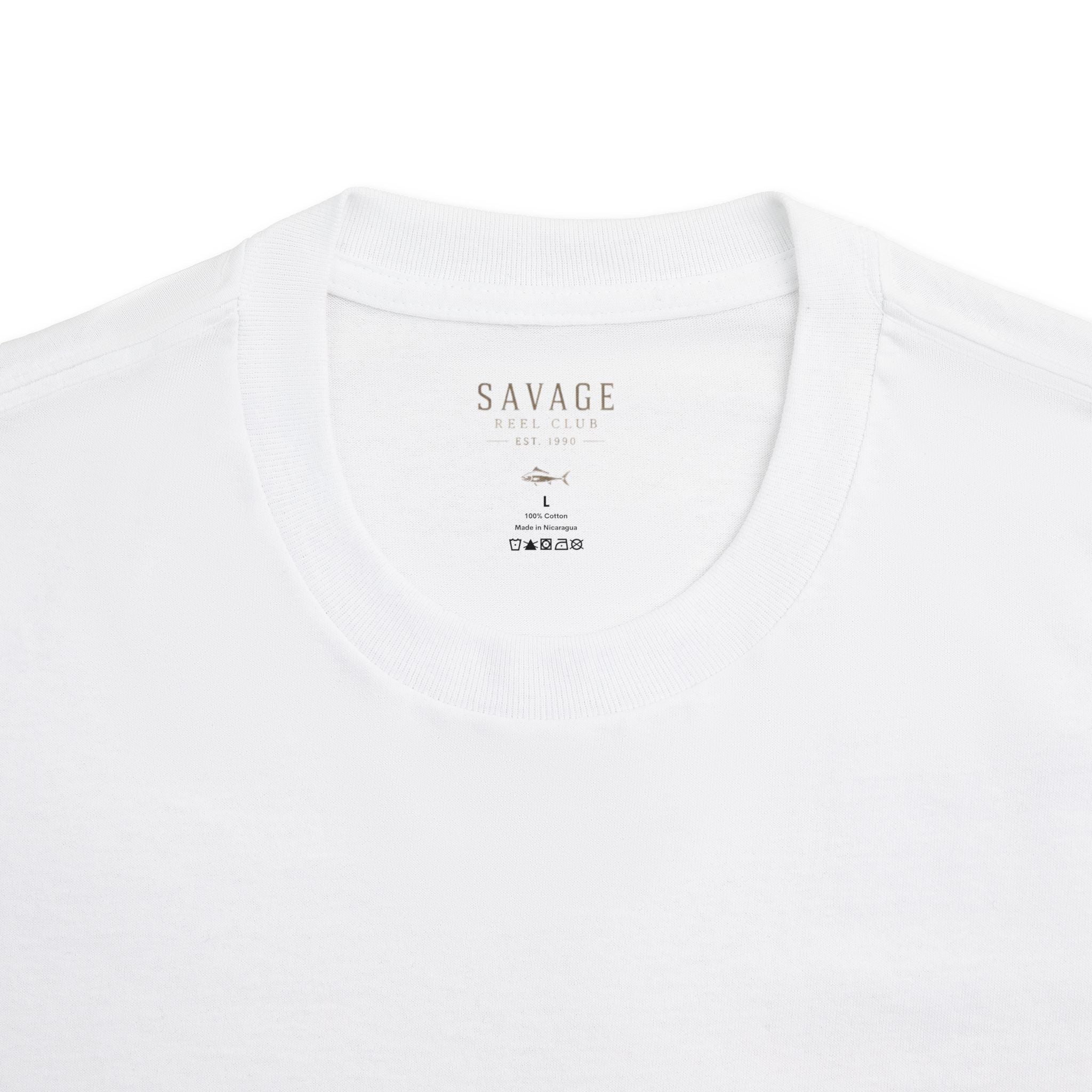 Printify Savage Reel Club vintage sunset fishing T-shirt featuring a colorful sunset and reel graphic on soft cotton fabric.