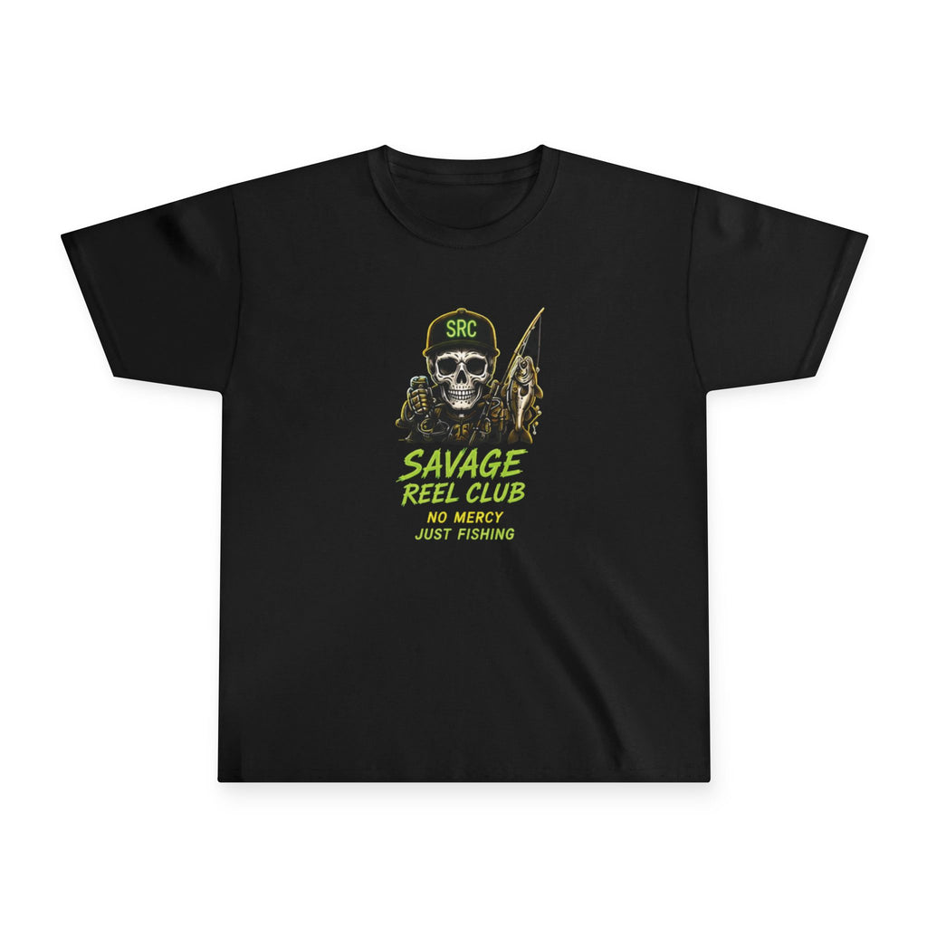 Kids' Savage Reel Club Skull Fishing T-Shirt by Printify, featuring a skull fishing graphic and "No Mercy Just Fishing" text.