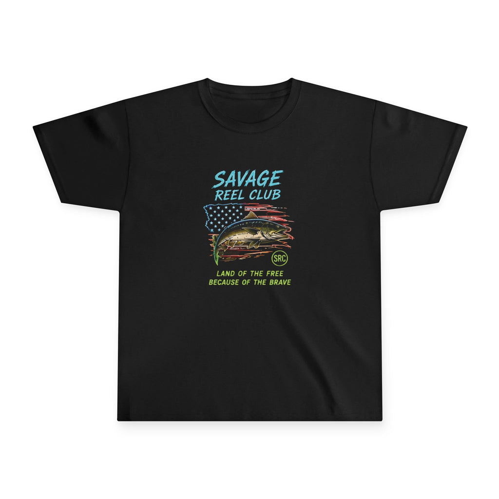 Kids' Savage Reel Club youth fishing shirt with patriotic "Land of the Free Because of the Brave" print featuring a fishing design.