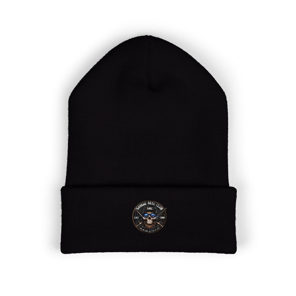 Printify Savage Reel Club cuffed black knit beanie hat, cozy and stylish winter accessory with a classic design.