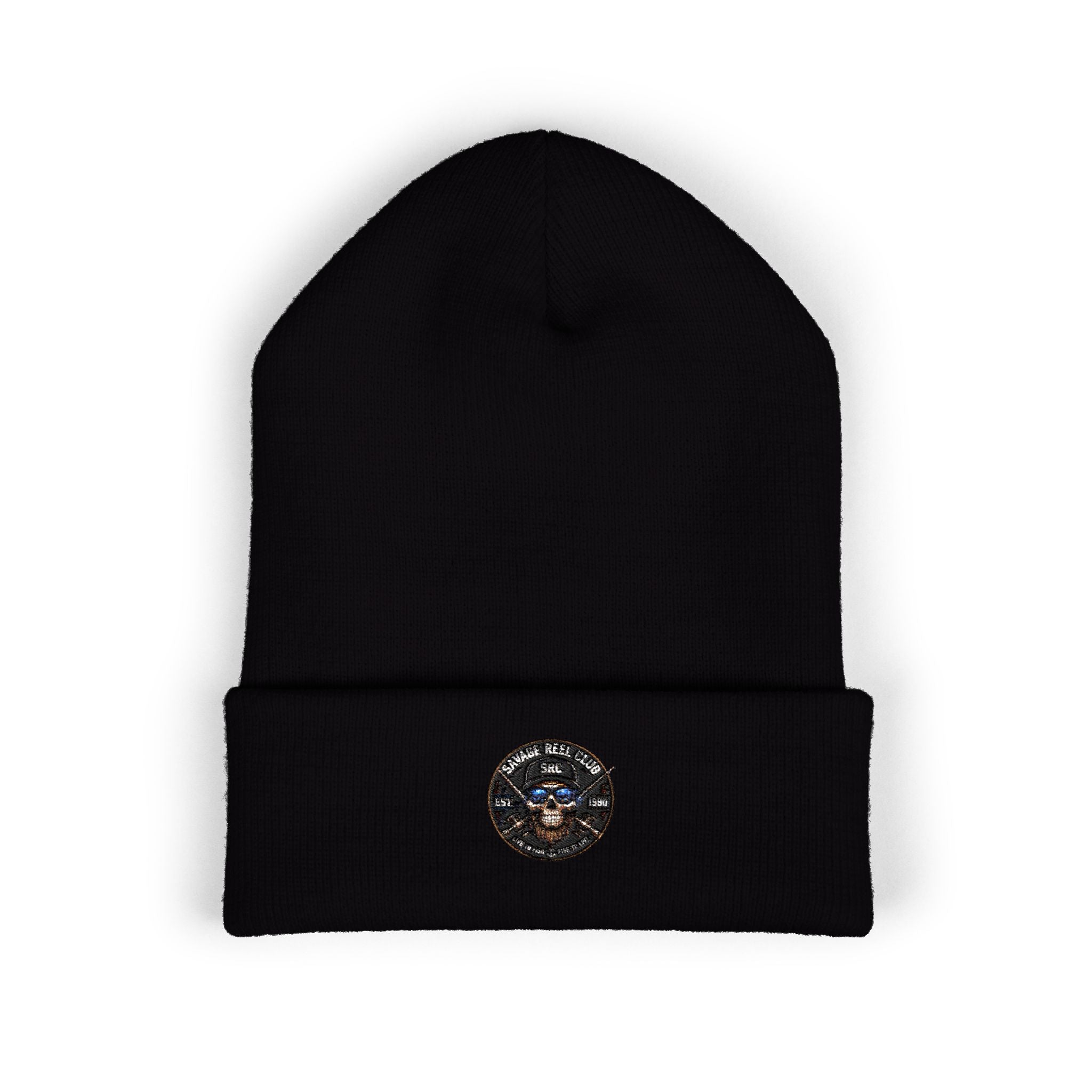 Printify Savage Reel Club cuffed black knit beanie hat, cozy and stylish winter accessory with a classic design.