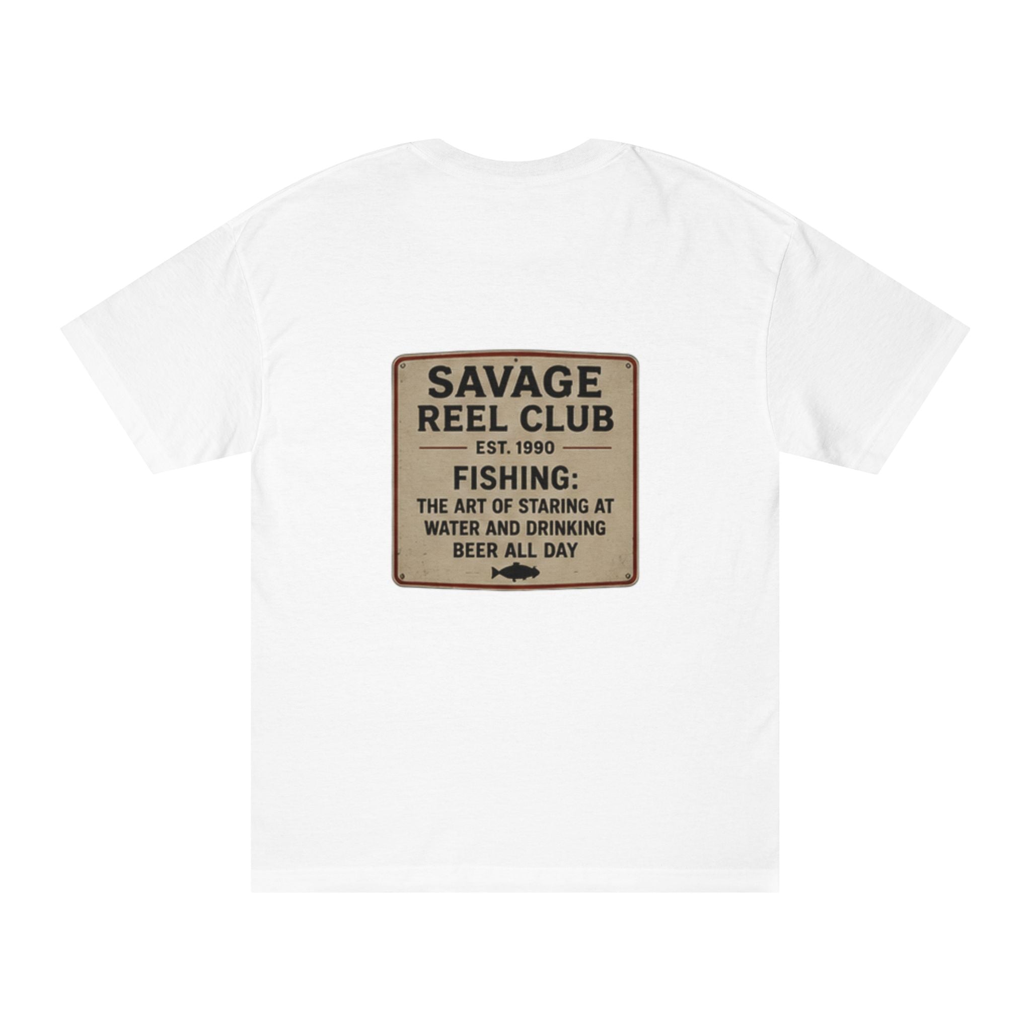 Vintage-style fishing T-shirt featuring the "Savage Reel Club" sign design, perfect for fishing enthusiasts.