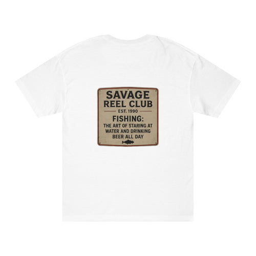 Vintage-style fishing T-shirt featuring the "Savage Reel Club" sign design, perfect for fishing enthusiasts.
