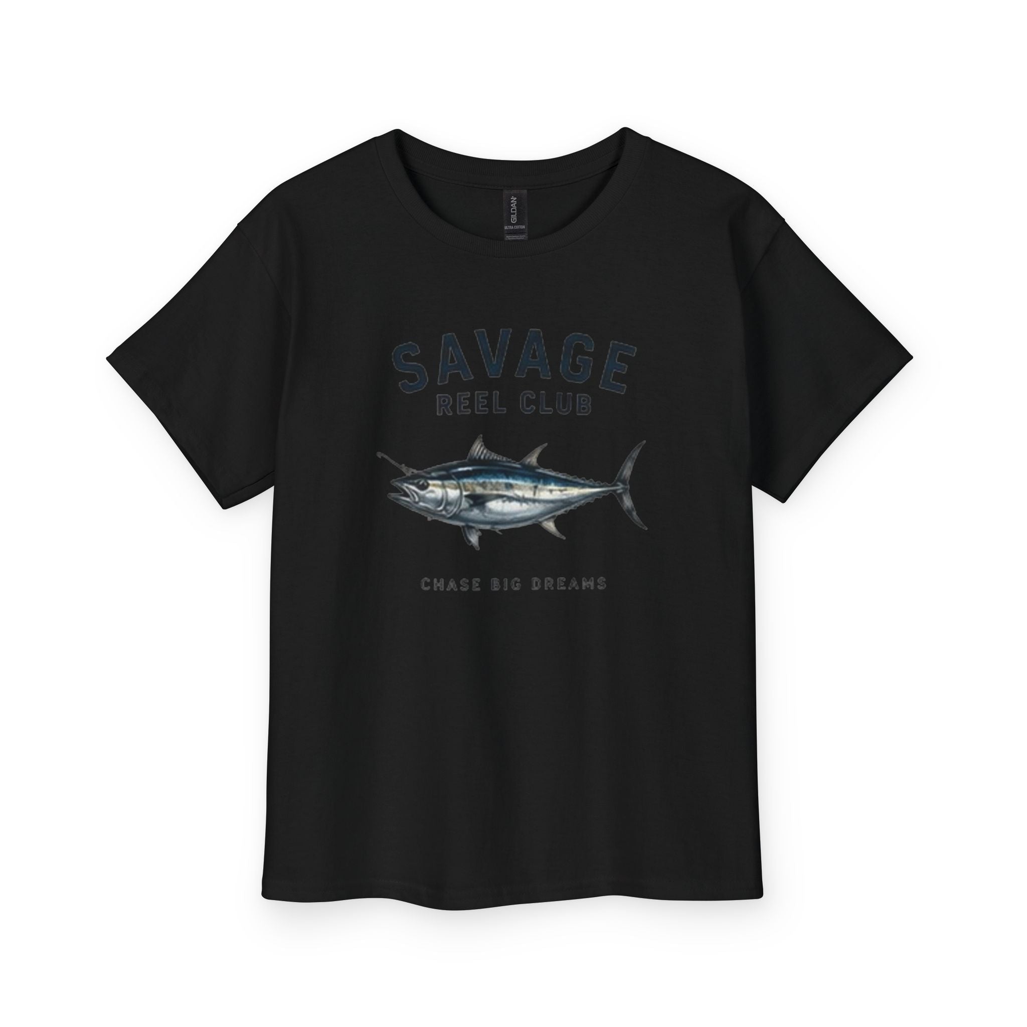 Kids' youth tee from Printify featuring a colorful "Savage Reel Club" tuna fishing design on a casual t-shirt.