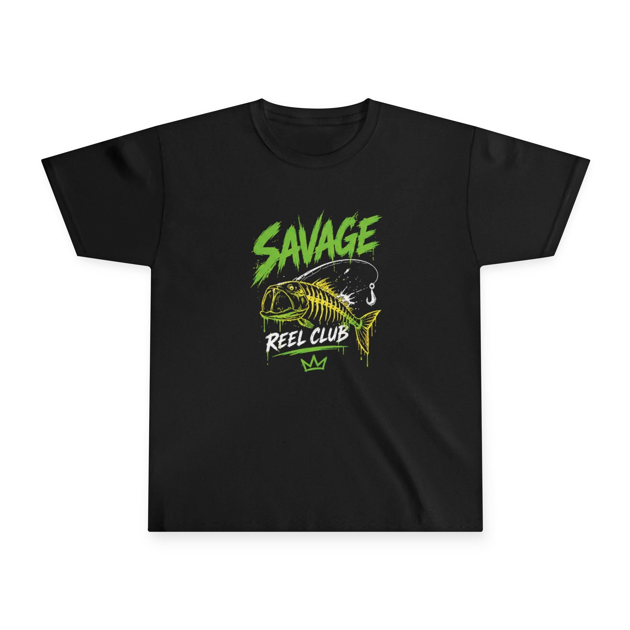 Kids' Savage Reel Club youth fishing shirt from Printify, featuring a vibrant graphic design on a comfortable tee.