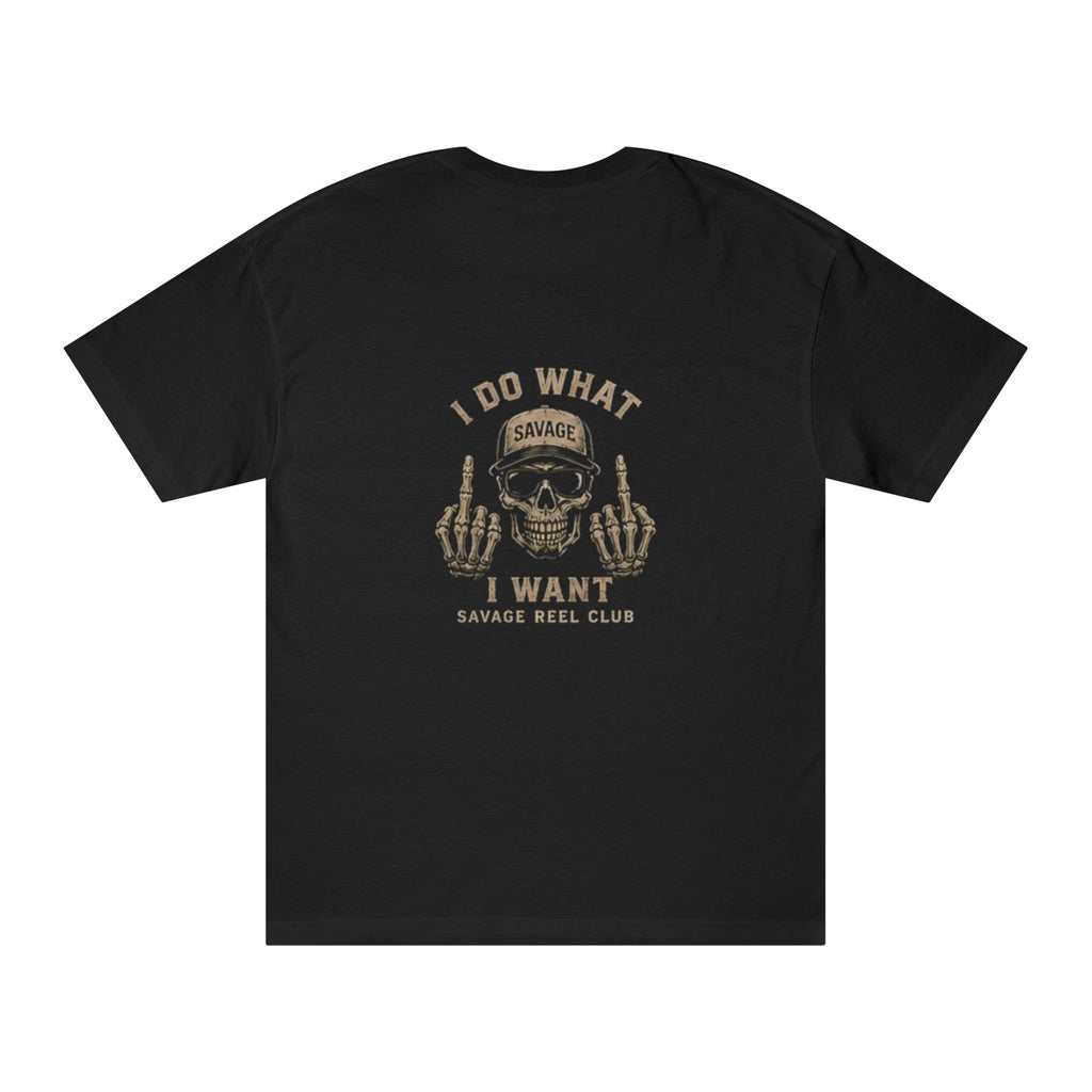 Black I Do What I Want T-Shirt by Printify featuring a rebellious savage skeleton graphic on the front.