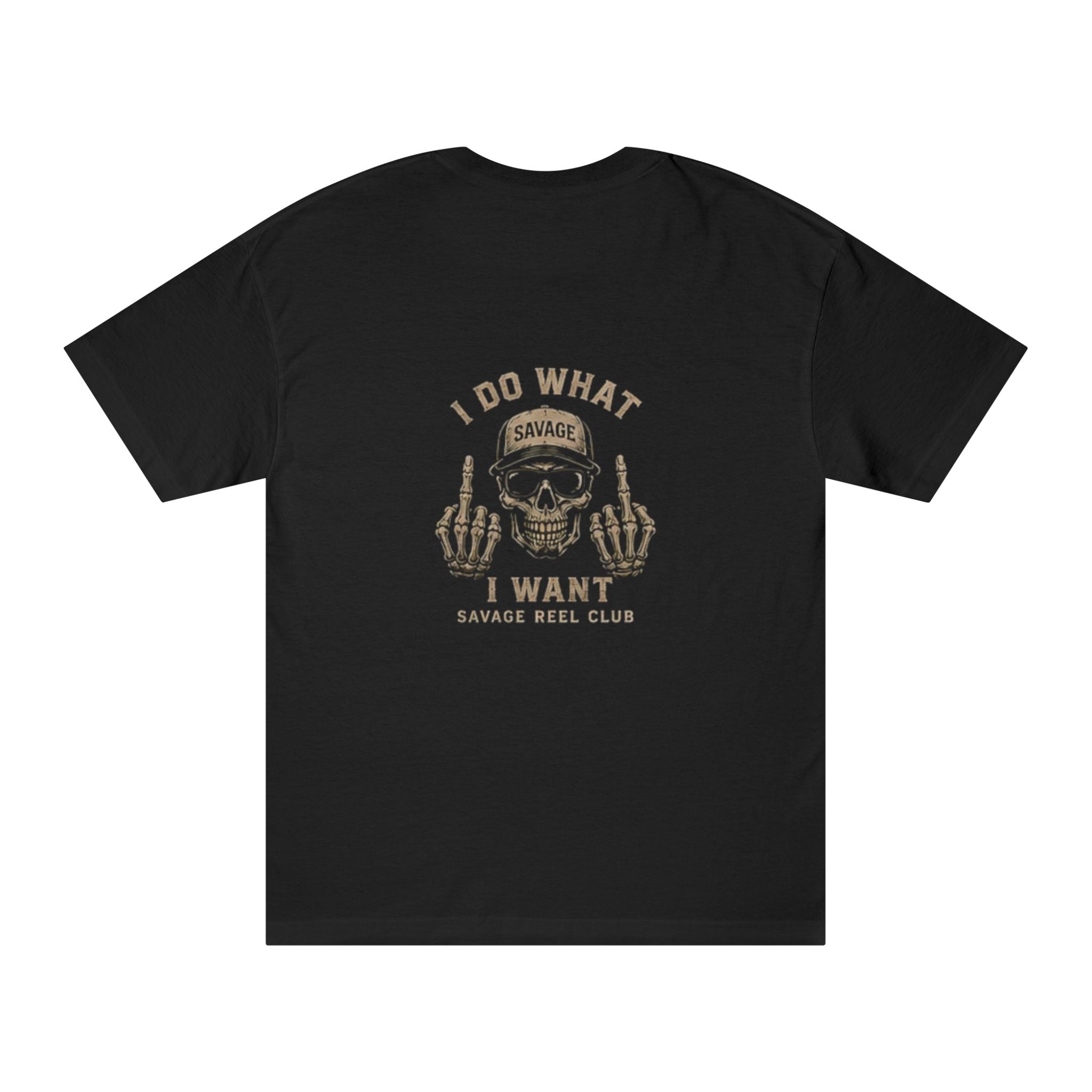 Black I Do What I Want T-Shirt by Printify featuring a rebellious savage skeleton graphic on the front.