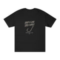 Fishing T-Shirt by Printify featuring a "Drop a Line Stay a While" graphic design, casual short-sleeve tee with fishing-themed print.