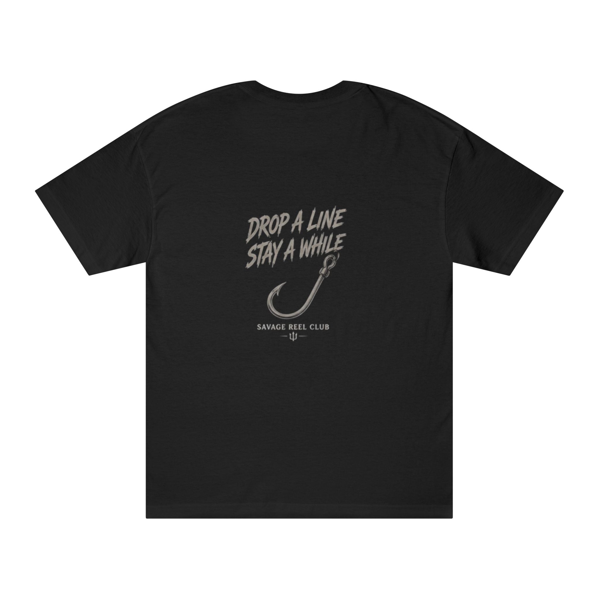 Fishing T-Shirt by Printify featuring a "Drop a Line Stay a While" graphic design, casual short-sleeve tee with fishing-themed print.