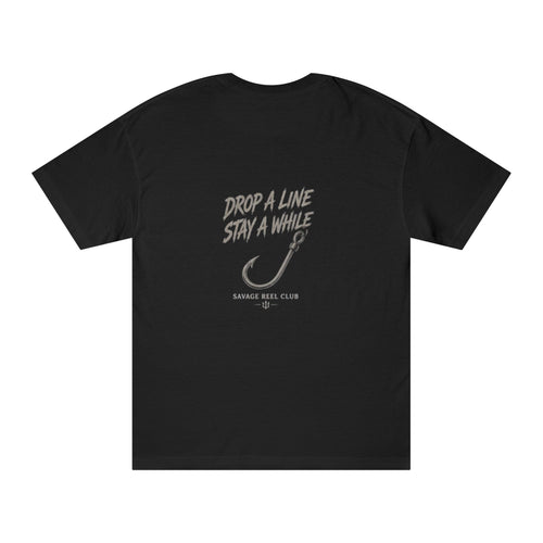 Fishing T-Shirt by Printify featuring a "Drop a Line Stay a While" graphic design, casual short-sleeve tee with fishing-themed print.