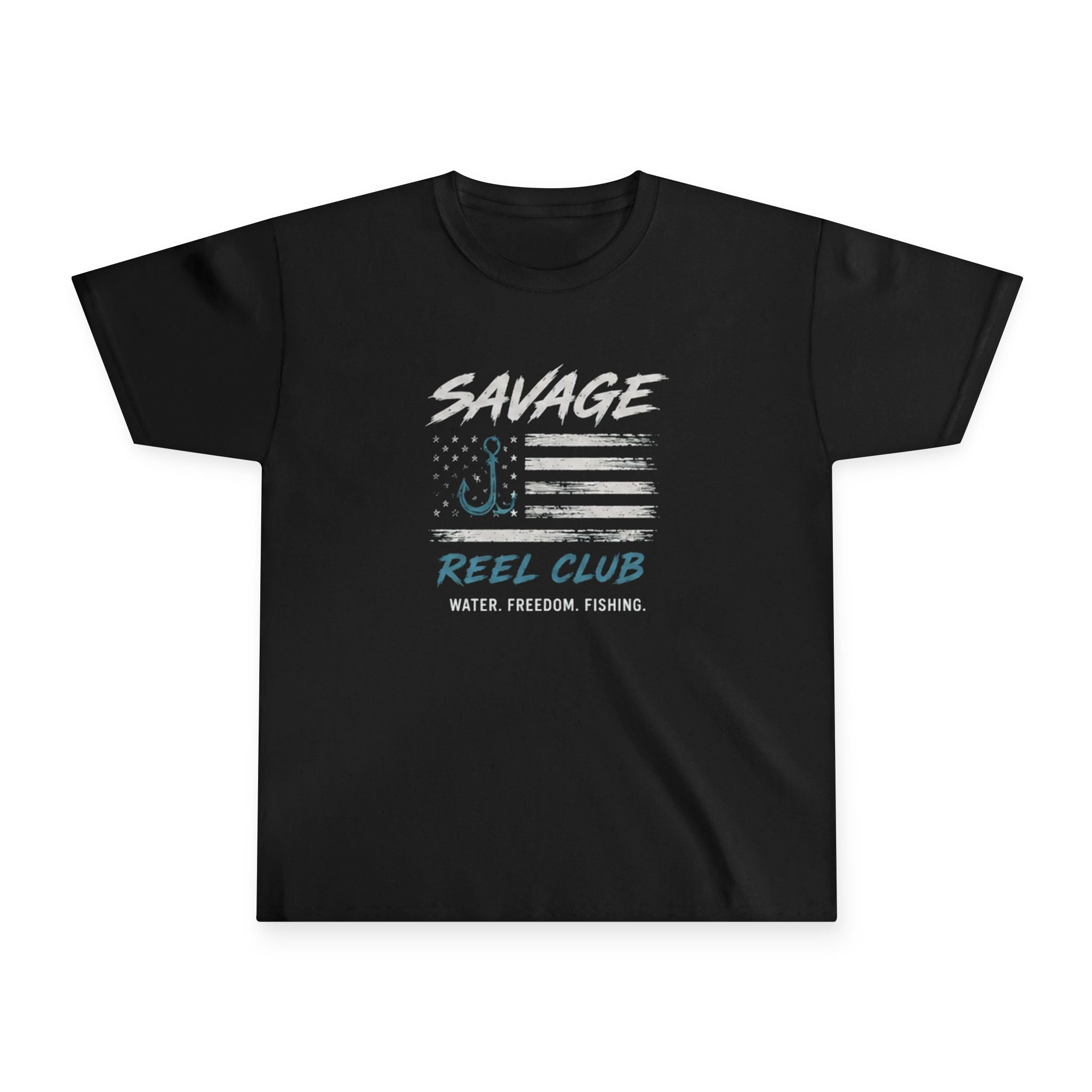 Kids' Savage Reel Club fishing flag graphic tee shirt by Printify, featuring a colorful fishing-themed design on a comfortable youth t-shirt.