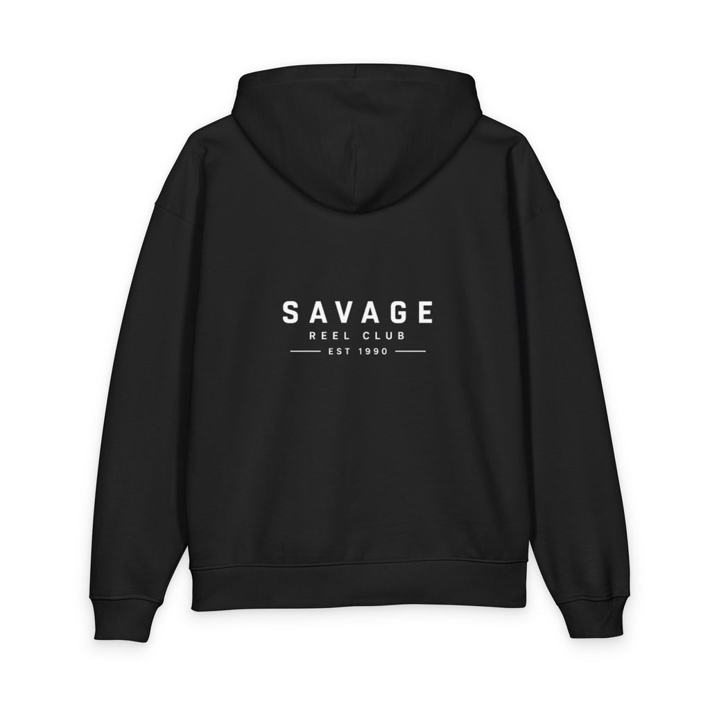 Printify Savage Reel Club hoodie, a minimal fishing pullover in soft fabric, featuring reel logo design on the front.