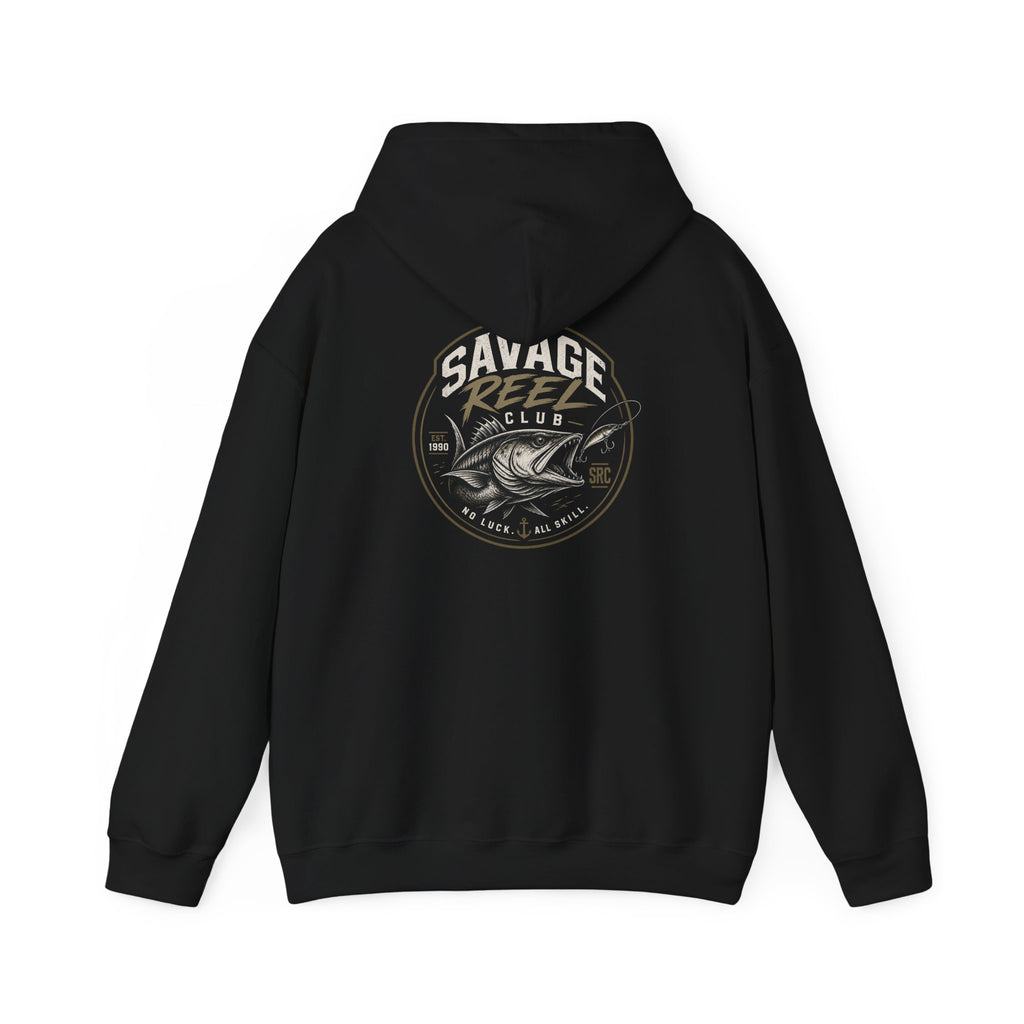 Printify Savage Reels Club hoodie featuring a fishing graphic, cozy pullover with front print on a casual hoodie.