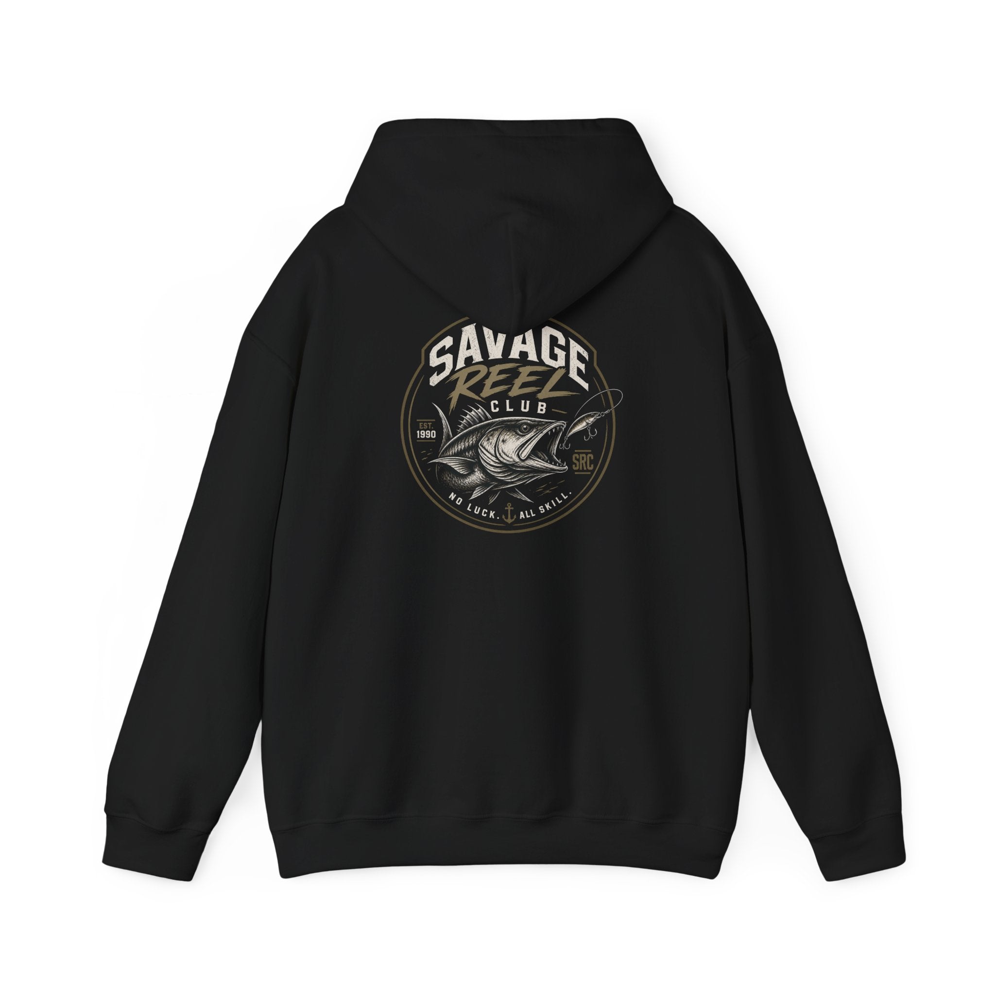 Printify Savage Reels Club hoodie featuring a fishing graphic, cozy pullover with front print on a casual hoodie.