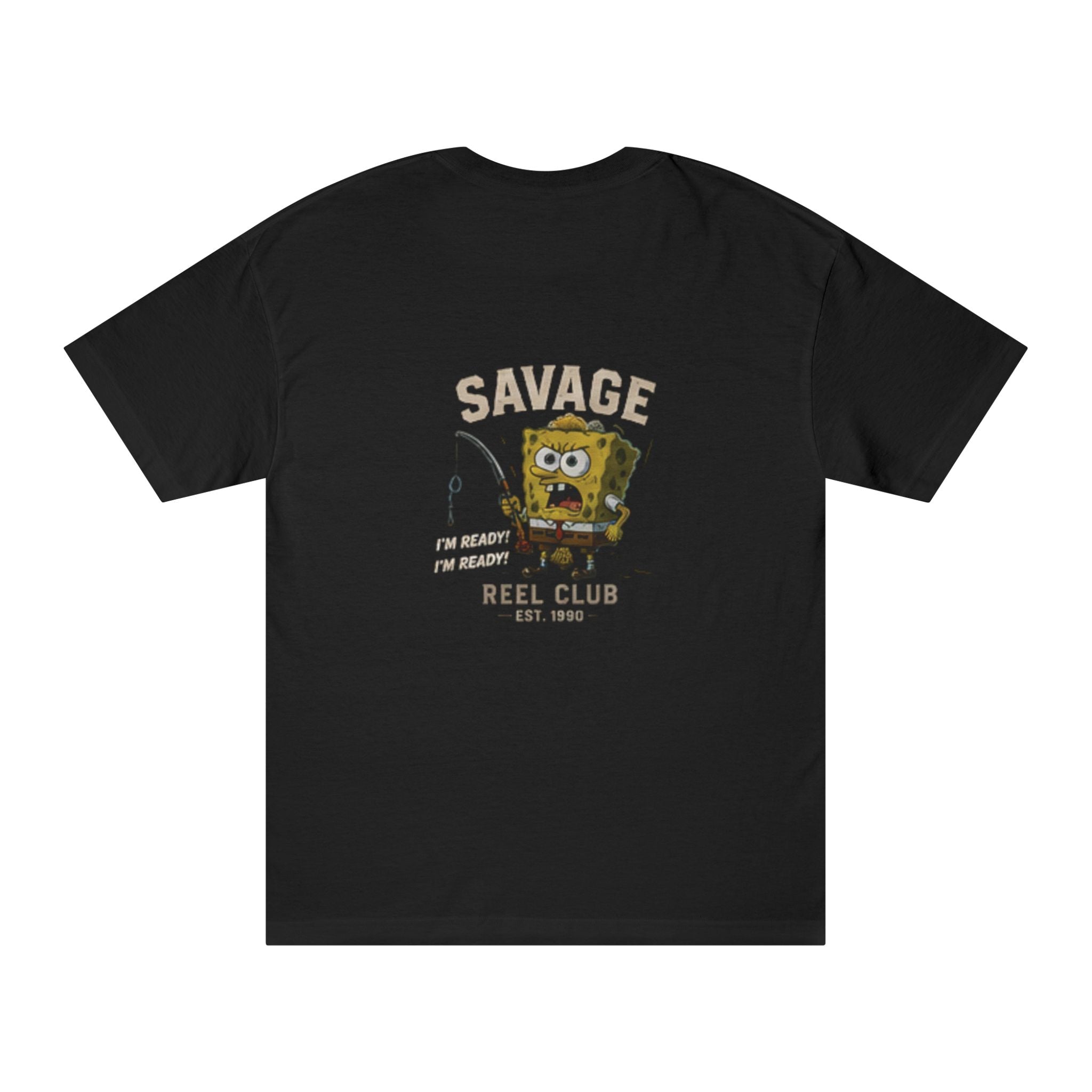 SpongeBob "Savage Reel Club" fishing graphic T-shirt by Printify, featuring SpongeBob with fishing reel illustration on a casual tee.