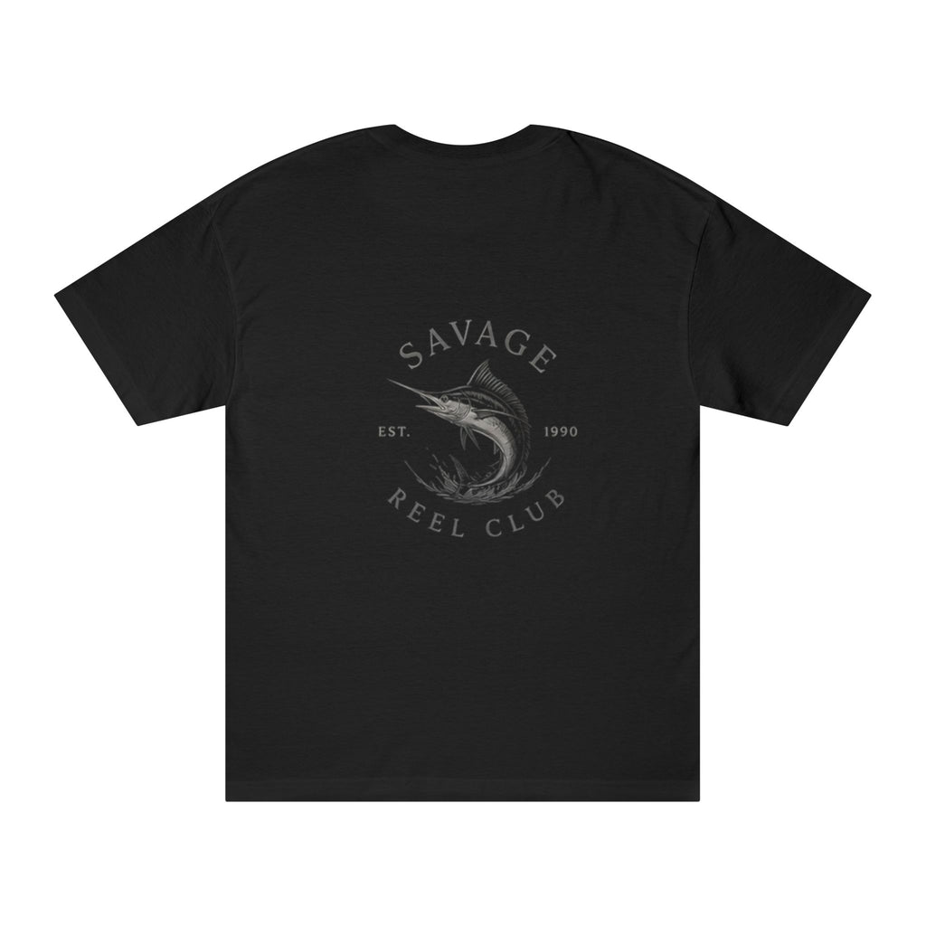 Printify Savage Reel Club T-Shirt featuring a swordfish graphic on a casual crew neck tee.