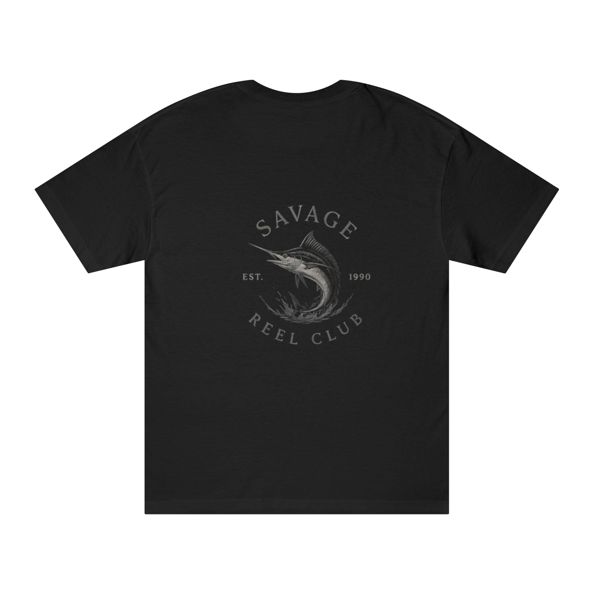 Printify Savage Reel Club T-Shirt featuring a swordfish graphic on a casual crew neck tee.