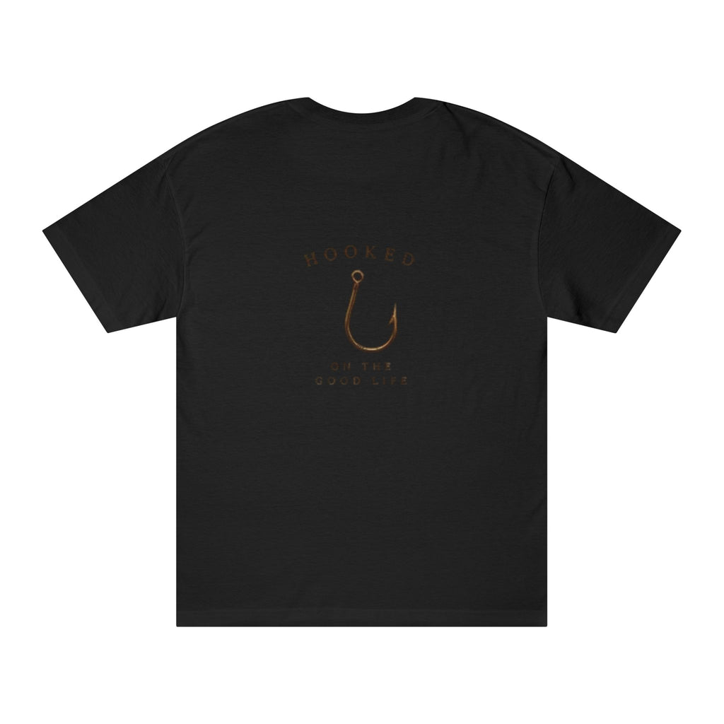 Fishing T-Shirt "Hooked on the Good Life" by Printify, casual cotton tee featuring fishing-themed graphic and slogan.