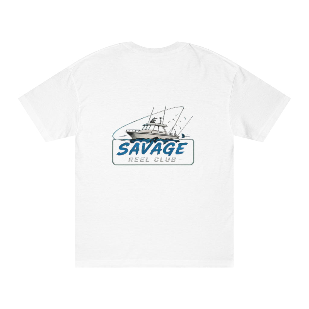 Fishing T-shirt with "Savage Reel Club" boat graphic, casual men's tee by Printify featuring a nautical fishing design.