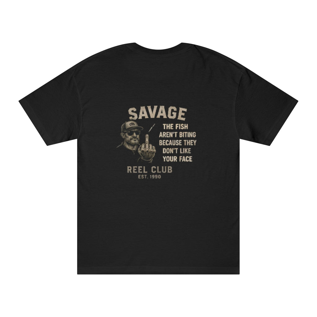 Men's fishing tee featuring a colorful "Savage Reel Club" graphic print on a comfortable T-shirt by Printify.